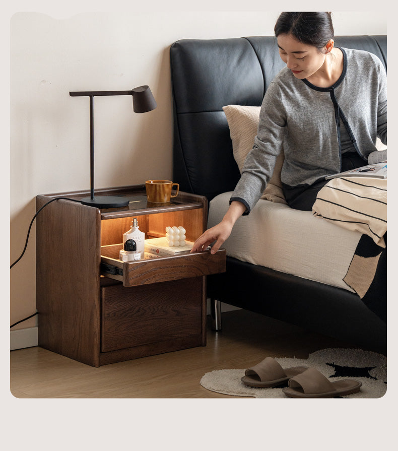 Solid Black Walnut Wood Nightstand with USB Outlet & Lamp - Perfect for Bedroom, Living Room, or Office Use