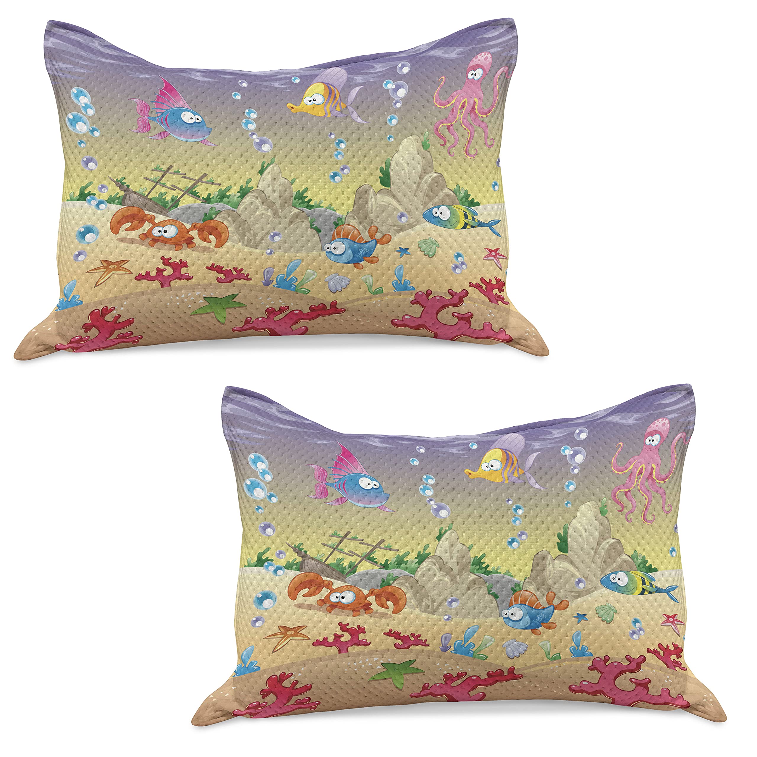 Ambesonne Underwater Quilted Pillow Cover Set of 2 - Cartoon Sea Animals, Fish, Sunken Ship & Coral Reef Design - Standard Queen Size 30