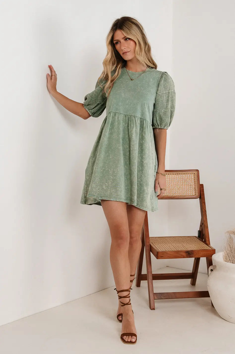 Andra Mini Dress in Sage Green - Flowy Summer Dress for Women, Boho Chic Casual Outfit, Perfect for Beach, Vacation & Date Night
