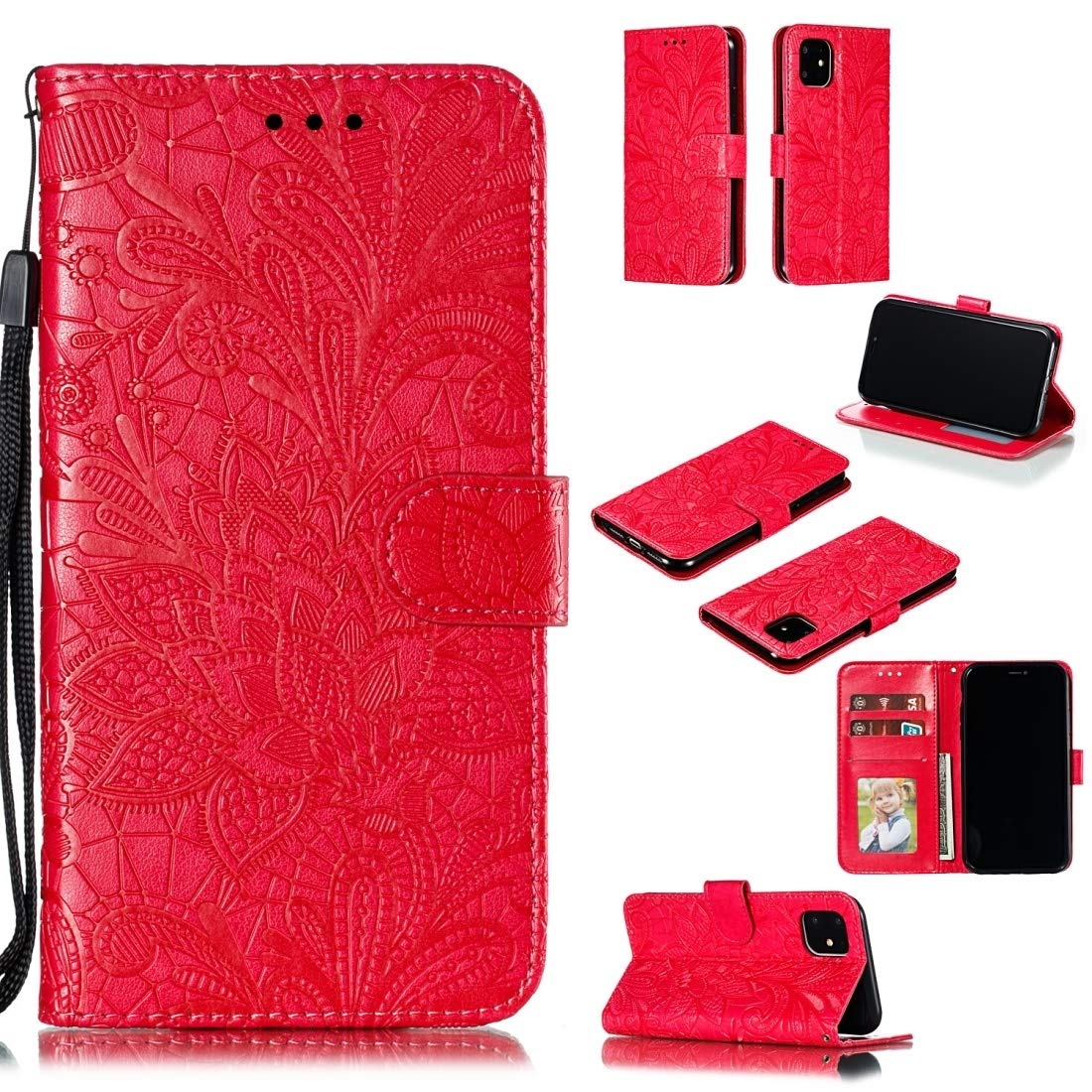 Elegant Lace Flower Horizontal Flip Leather Wallet Case with Card Slots & Phone Holder for iPhone 11 - Red | Perfect for Daily Use, Travel & Hands-Free Convenience