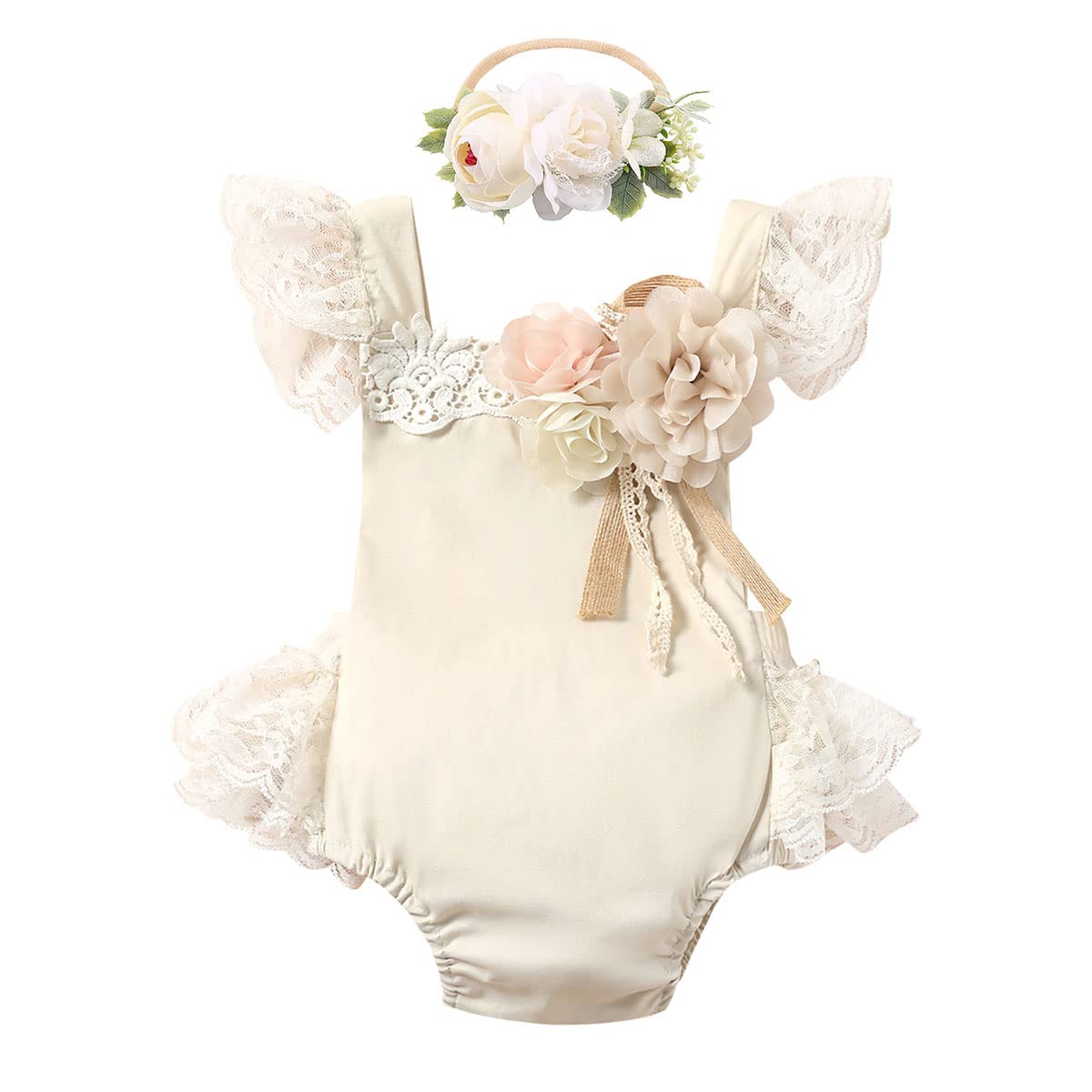 Baby Girl Outfit - Sleeveless Floral Lace Embroidery Romper with Tulle Dress & Headband Set | Newborn Photoshoot, Christening, Birthday Party, Special Occasion Dresses