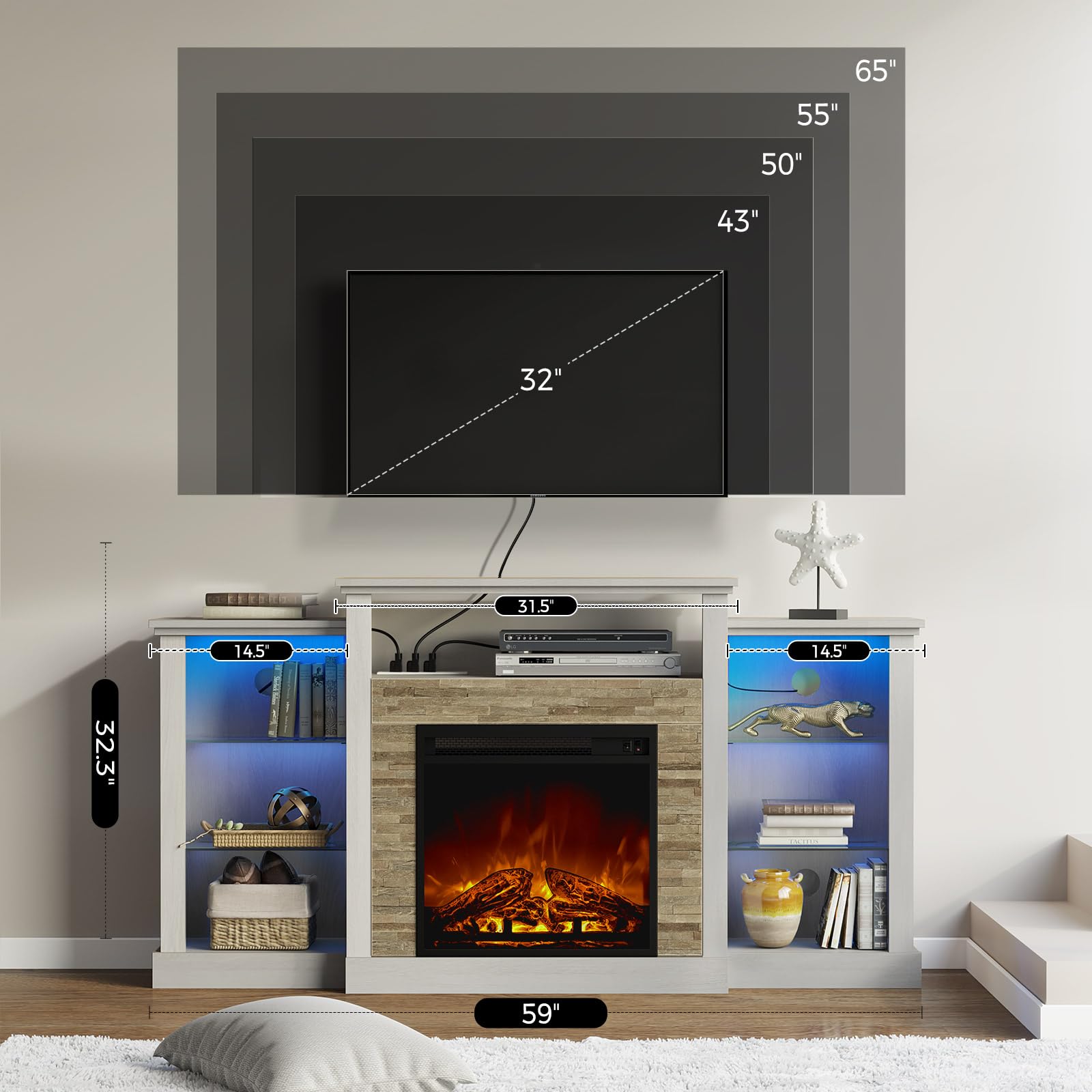 Rolanstar 55 Inch TV Stand with LED Lights & Power Outlets - Modern Fireplace TV Console for 32