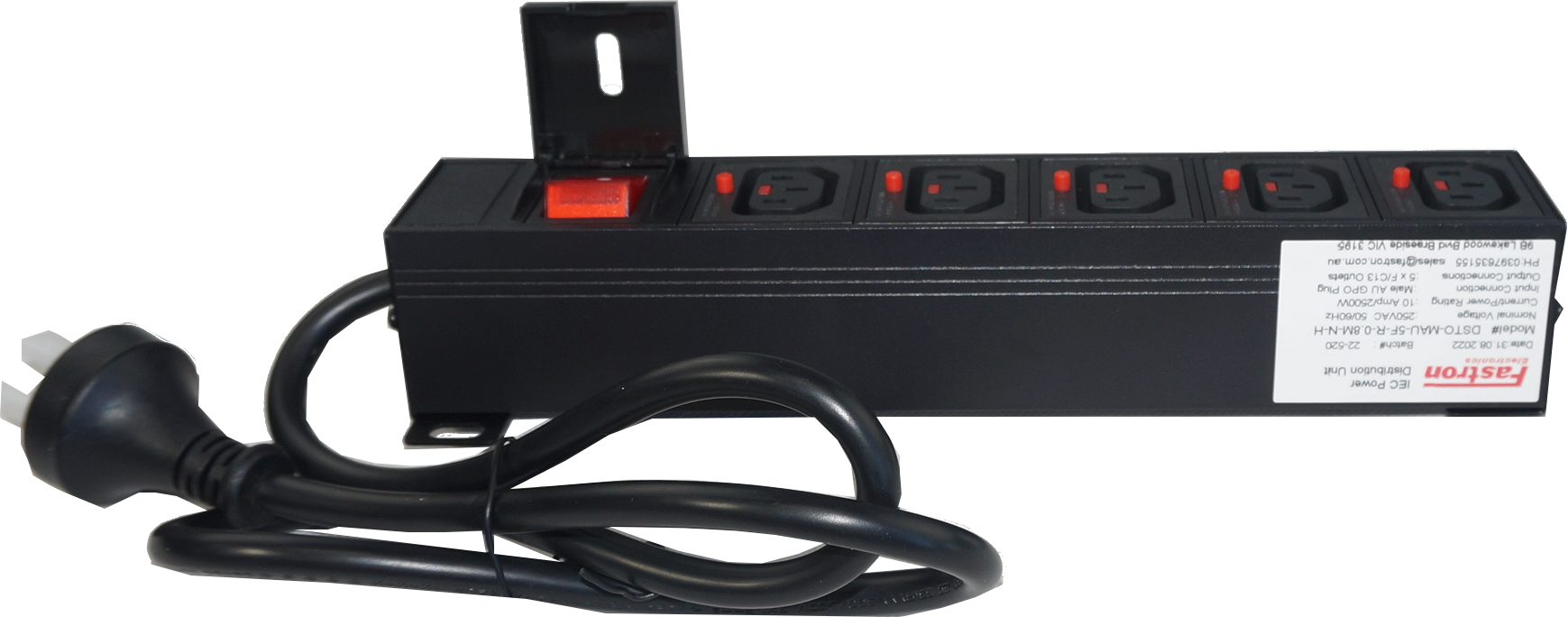 DSTO MAU 5F R 0.8M N H Rack Mount Power Distribution Unit (PDU) - 240VAC 10A with 5 x C13 Outlets, IEC Male AU Plug & 10.5M Cable | Overload Protection & Rocker Switch | Durable Metal Construction for Server Racks & Data Centers | Perfect for IT Equipment, Network Devices & Audio/Video Systems