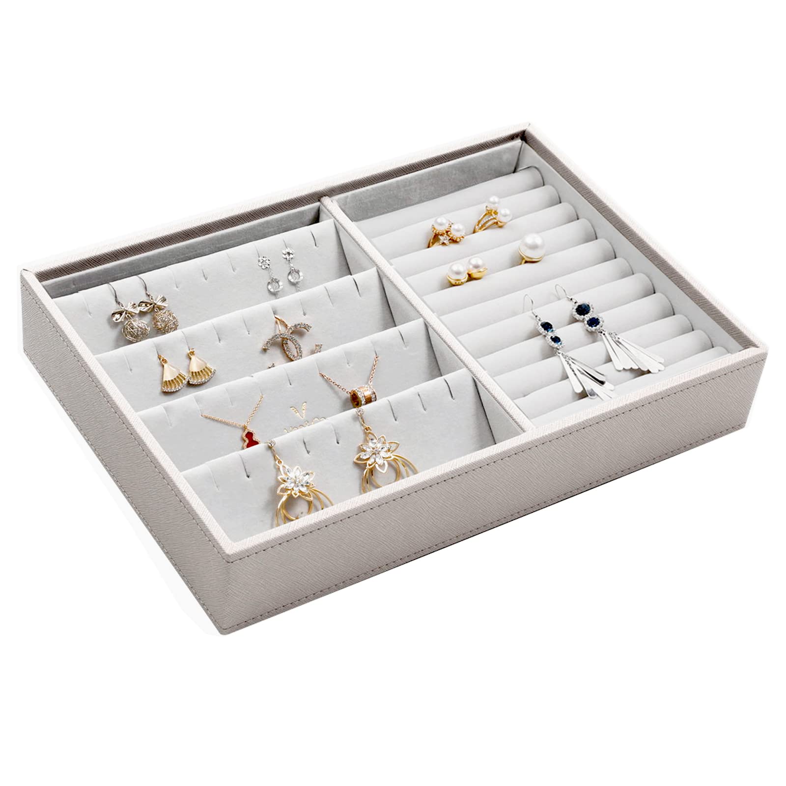 Upgraded Large Jewelry Organizer Tray - Stackable Jewelry Storage Display for Drawer | Earring, Necklace, Bracelet & Ring Holder (Grey) | Perfect for Bedroom Vanity, Closet Organization & Travel Jewelry Case