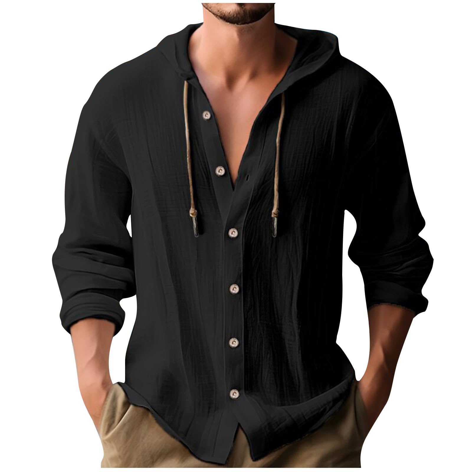 Uillui Men's Lightweight Linen Hoodie Shirt - Casual Button Down Shirt with Hood, Breathable Long Sleeve Summer Beach T-Shirt - Perfect for Outdoor Activities, Travel & Casual Wear