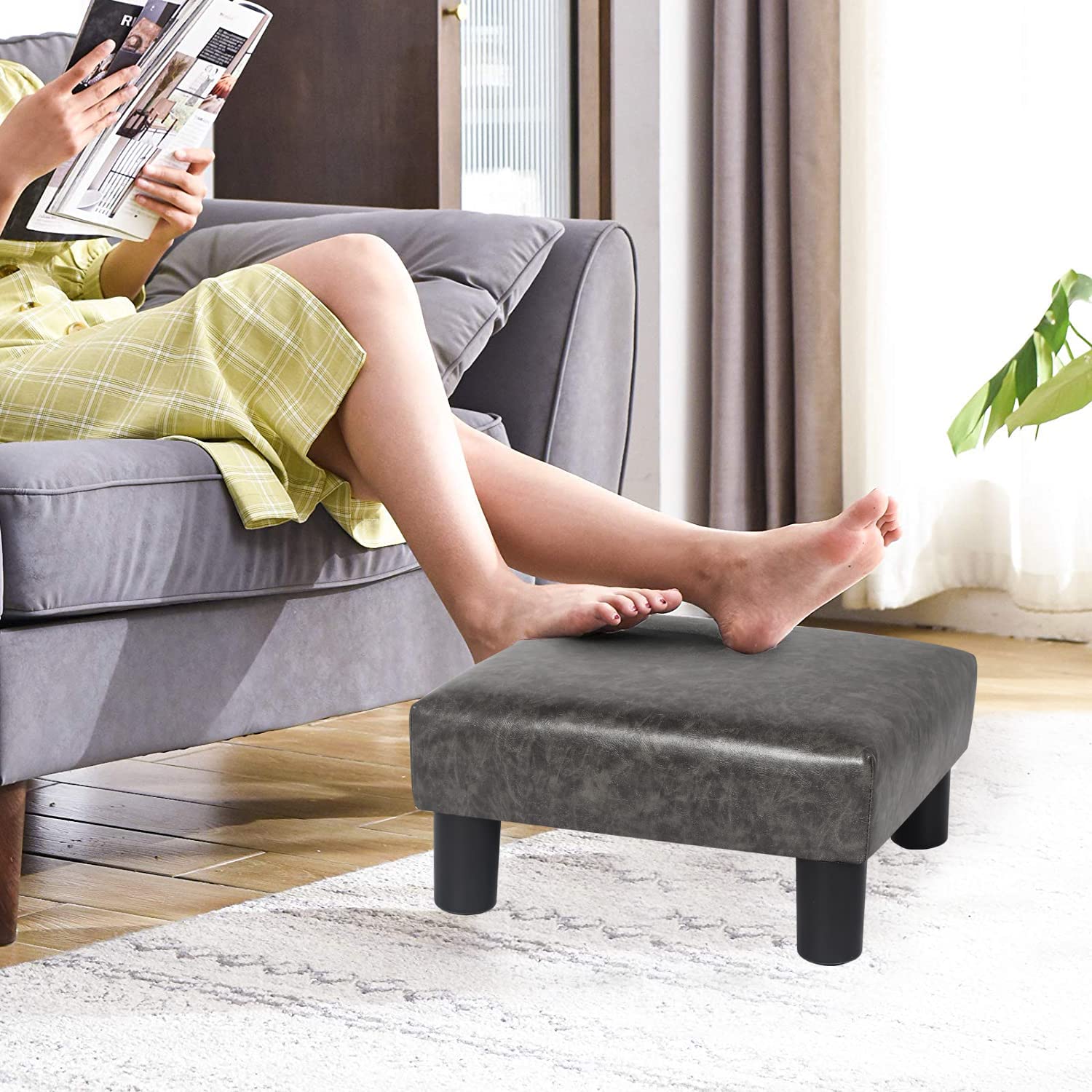 Joveco Small Square Footstool Ottoman - PU Leather Footrest Stool with Padded Seat, Modern Accent Chair for Living Room, Bedroom, Couch - Perfect for Pets & Home Decor (Gray) - Great for Relaxing, Reading & Adding Stylish Comfort