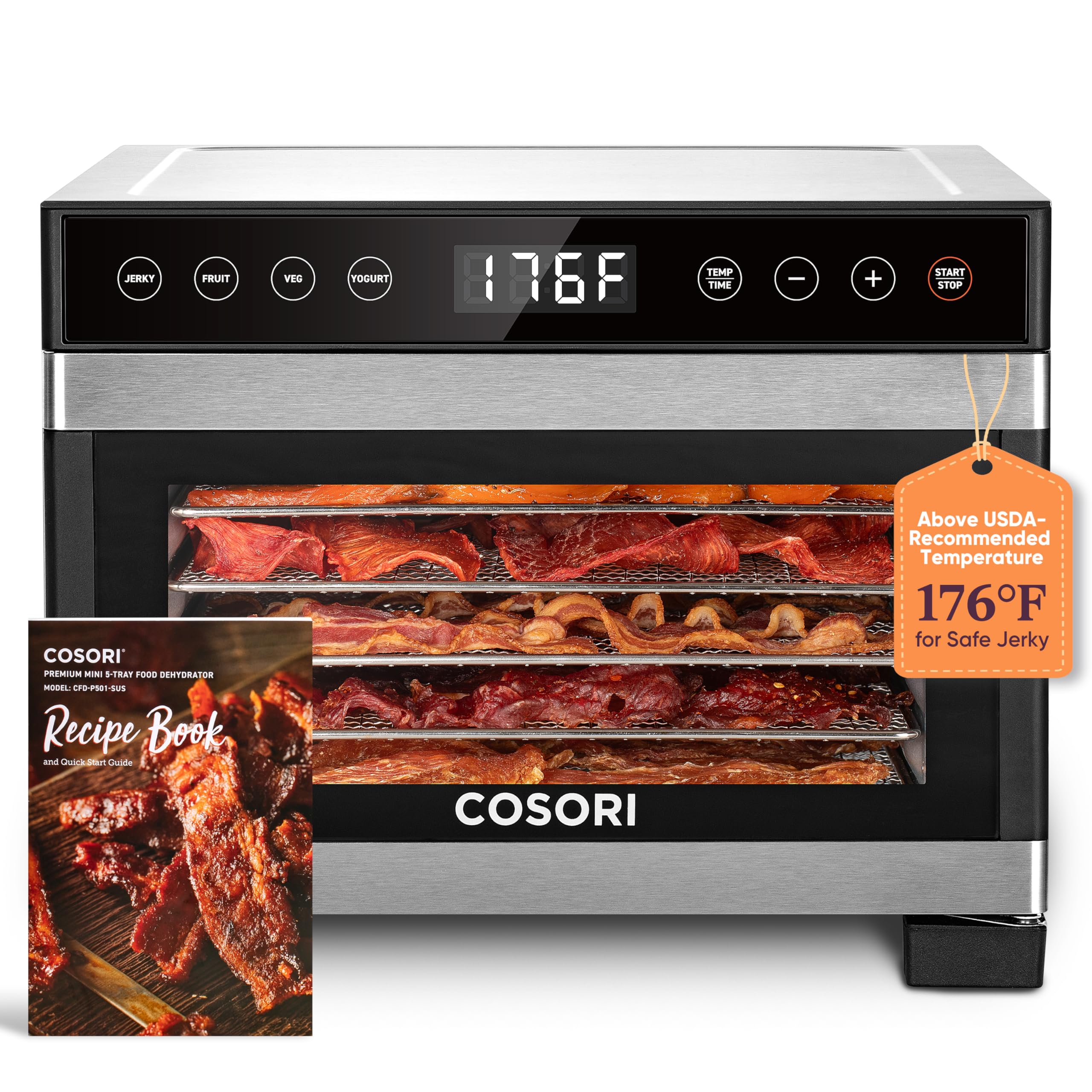 COSORI Food Dehydrator Machine for Jerky, Meat, Fruit & Veggies - 5 Stainless Steel Trays, 176°F Precise Temp Control, 4 Presets & 48H Timer - Perfect for Homemade Dog Treats, Healthy Snacks & Food Preservation (Includes Recipe Book) - Ideal for Home Kitchen, Camping & Meal Prep