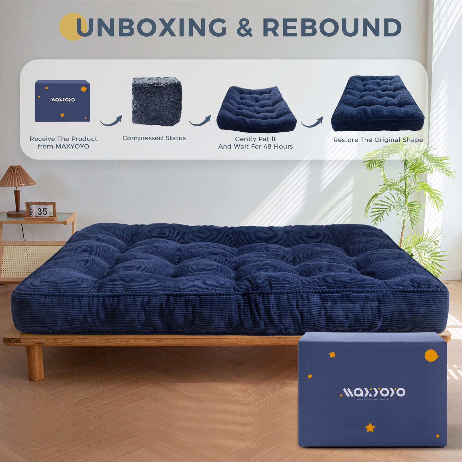 MAXYOYO 8-Inch Tufted Futon Sofa Bed with Thick Corduroy Fabric - Convertible Floor Mattress for Adults (Navy Blue) - Perfect for Small Spaces, Guest Rooms & Dorm Rooms