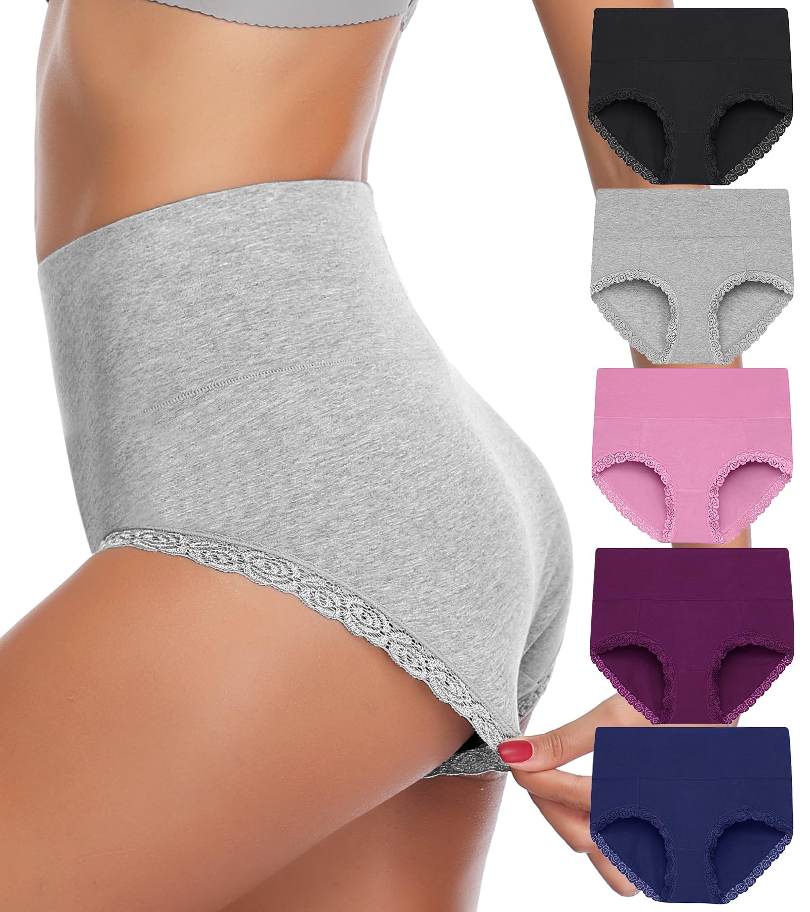 Annenmy Women's Cotton High Waisted Tummy Control Underwear - Soft Stretch Lace Panties Multipack (3/5 Pack) for Everyday Comfort & Shapewear | Perfect for Work, Yoga & Postpartum Recovery