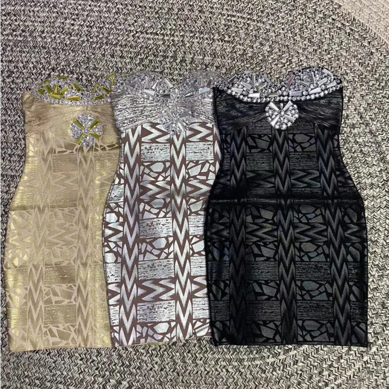 Sexy Strapless Crystal Bodycon Mini Dress for Women - Black, Silver & Gold Foil Colors | Bandage Nightclub Party Dress | Perfect for Clubbing, Celebrations & Special Occasions