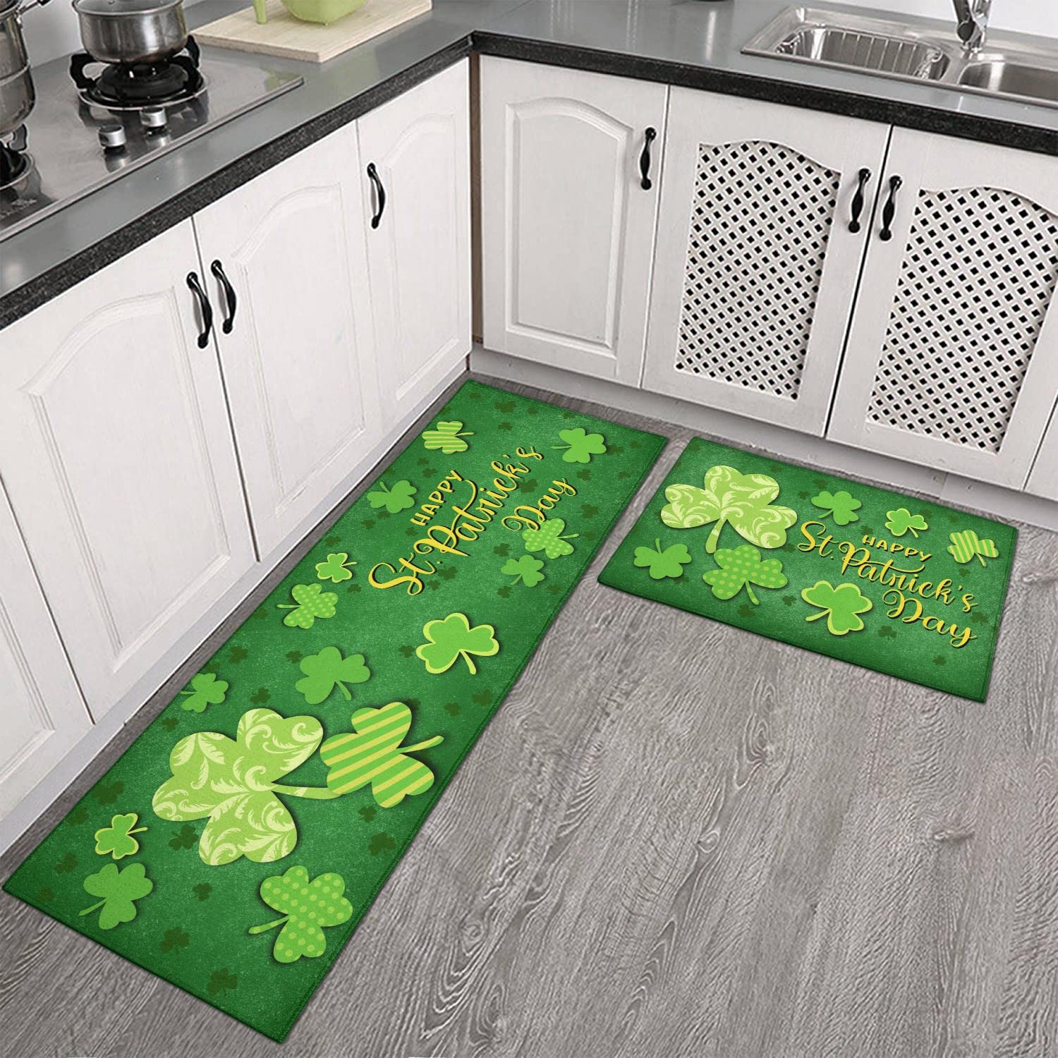 St. Patrick's Day Kitchen Rugs Set of 2 - Lucky Green Shamrock Non-Slip Floor Mats for Farmhouse Decor - Perfect for Kitchen, Entryway & Laundry Room