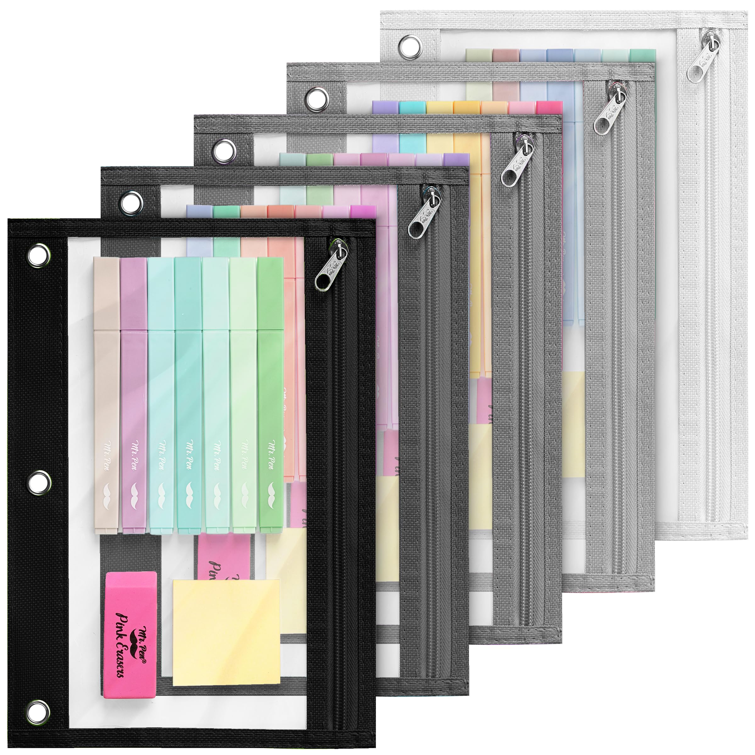 Mr. Pen 5-Pack Clear Window Pencil Pouches with Zipper for 3-Ring Binder - Durable School & Office Supplies for Students, Teachers & Professionals - Perfect for Organizing Pens, Pencils & Stationery