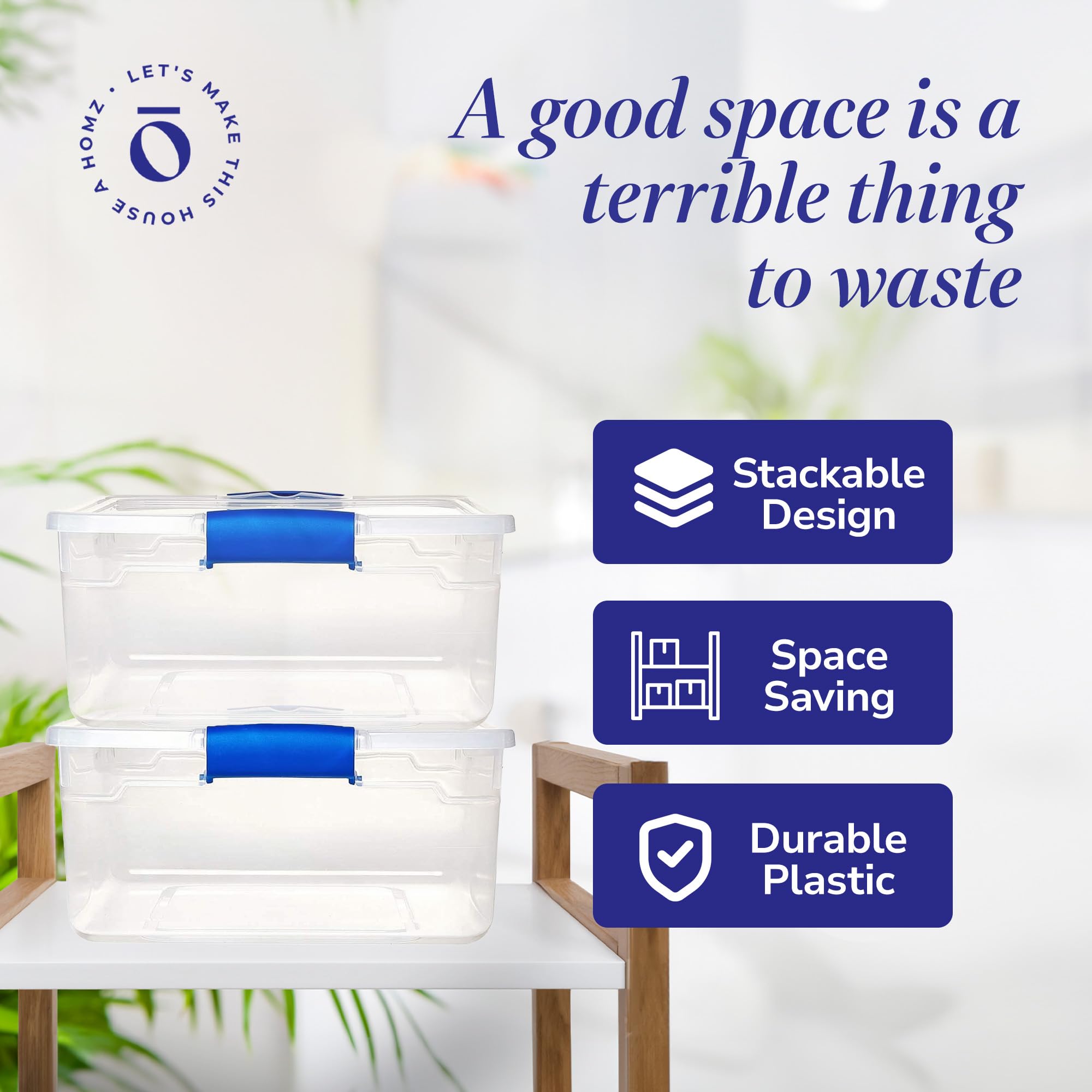 HOMZ 12-Pack Clear Plastic Storage Bins with Lids - 15.5 Quart Organizing Containers with Blue Latches | Perfect for Pantry, Closet, Garage & Toy Organization