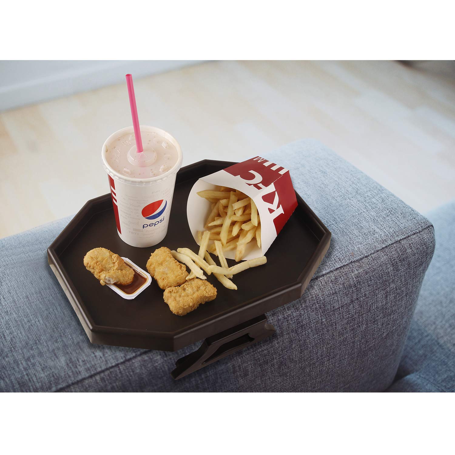 Foldable Plastic Clip-On Armrest Tray Table - Sofa Couch Snack & Drink Holder for Remote Control, Books, and Laptops - Perfect for Living Room, Bedroom, or Office Use (Brown)