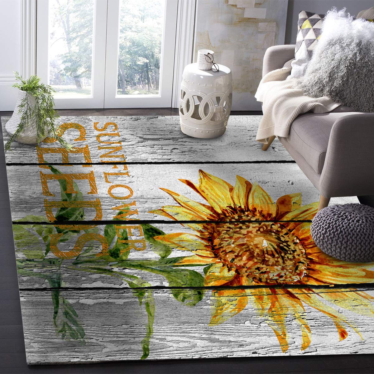 3'x5' Sunflower Area Runner Rug - Washable Indoor Outdoor Carpet for Kitchen, Living Room, Bathroom, Bedroom, Classroom & Laundry Room | Non-Slip Wood Grain Design Doormat & Welcome Floor Mat - Perfect for Entryways, Hallways and High Traffic Areas