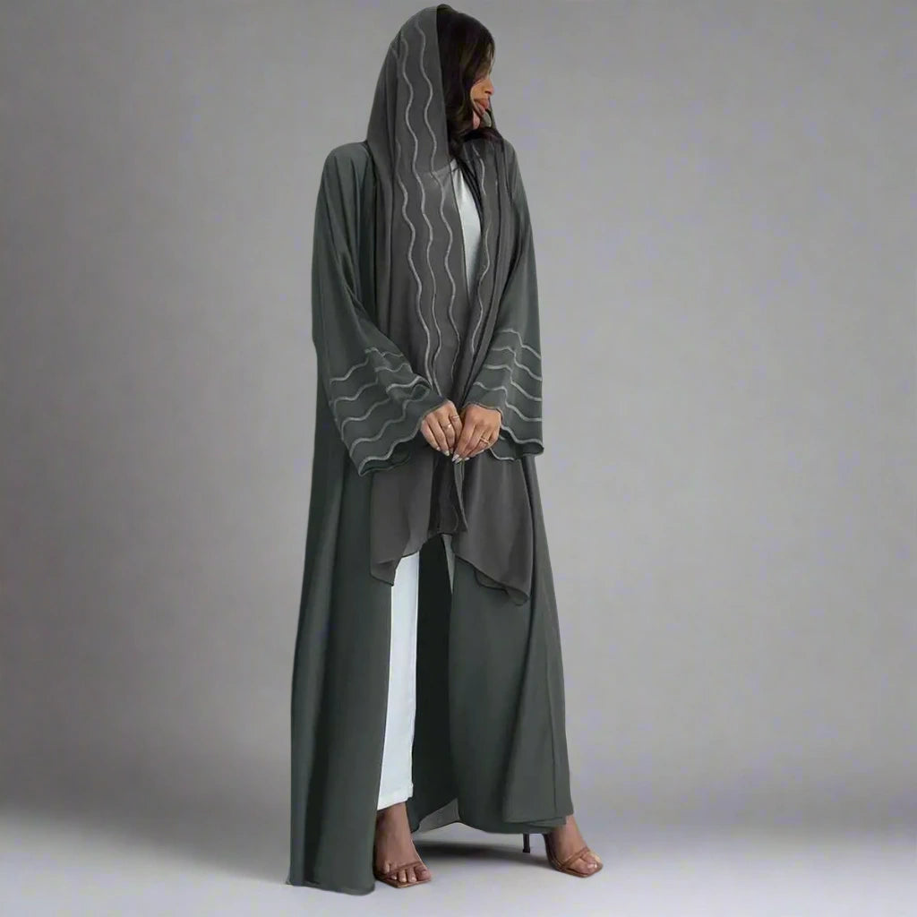2 Piece Set Women's Embroidery Cardigan & Open Abaya Dress with Hijab Scarf - Modest Muslim Fashion for Prayer, Eid, and Special Occasions
