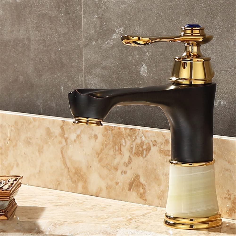 Solid Brass & Jade Single Handle Bathroom Sink Faucet - Hot & Cold Water Mixer Tap with 360° Rotation - Oil Brushed Black Finish - Perfect for Modern Vanities & Luxury Bathrooms