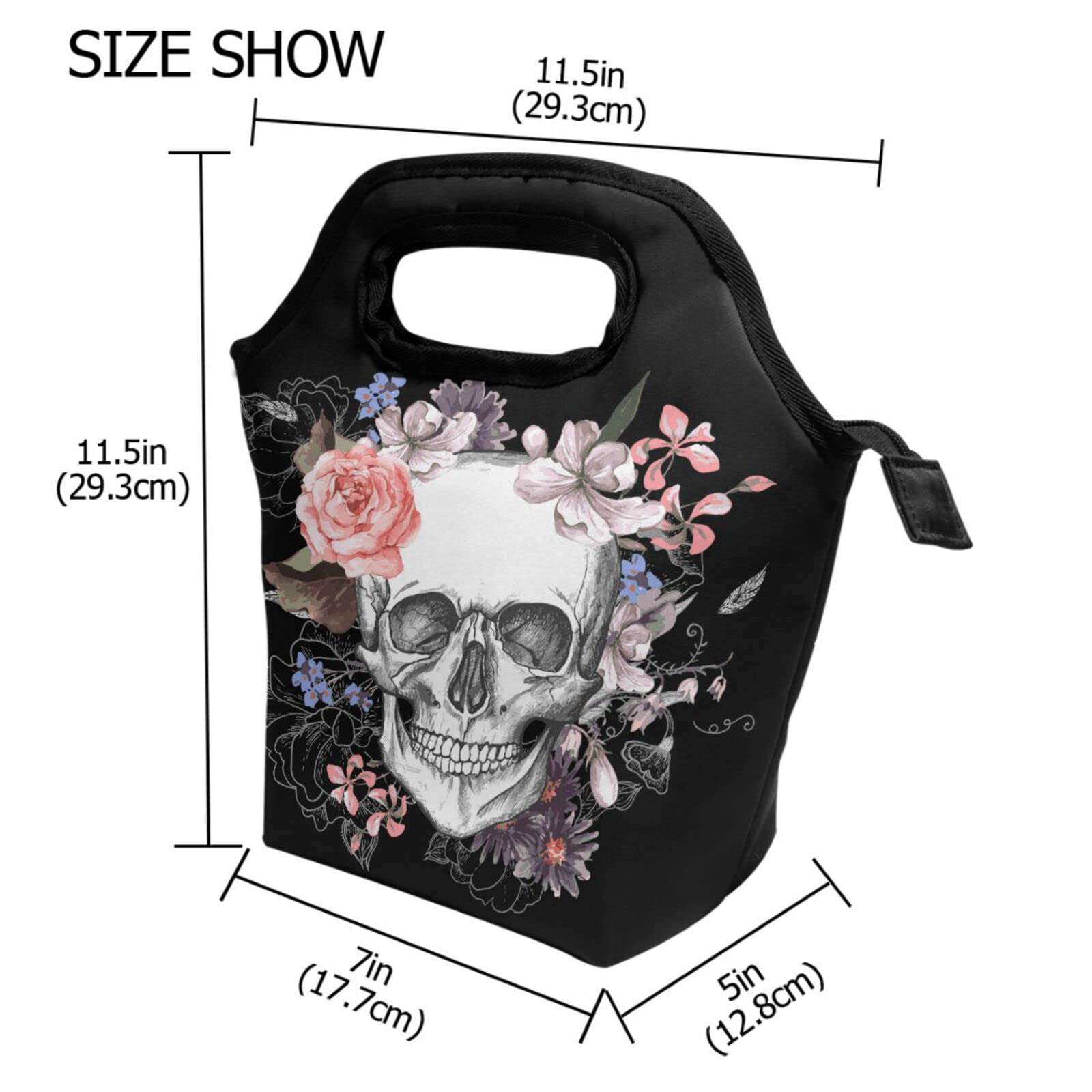 Wamika Insulated Sugar Skull Skeleton Lunch Bag - Freezable Rose Floral Design Lunch Tote Cooler for Women & Men - Perfect for Work, School, Picnic, Travel & Outdoor Activities - Reusable Lunch Box Handbag