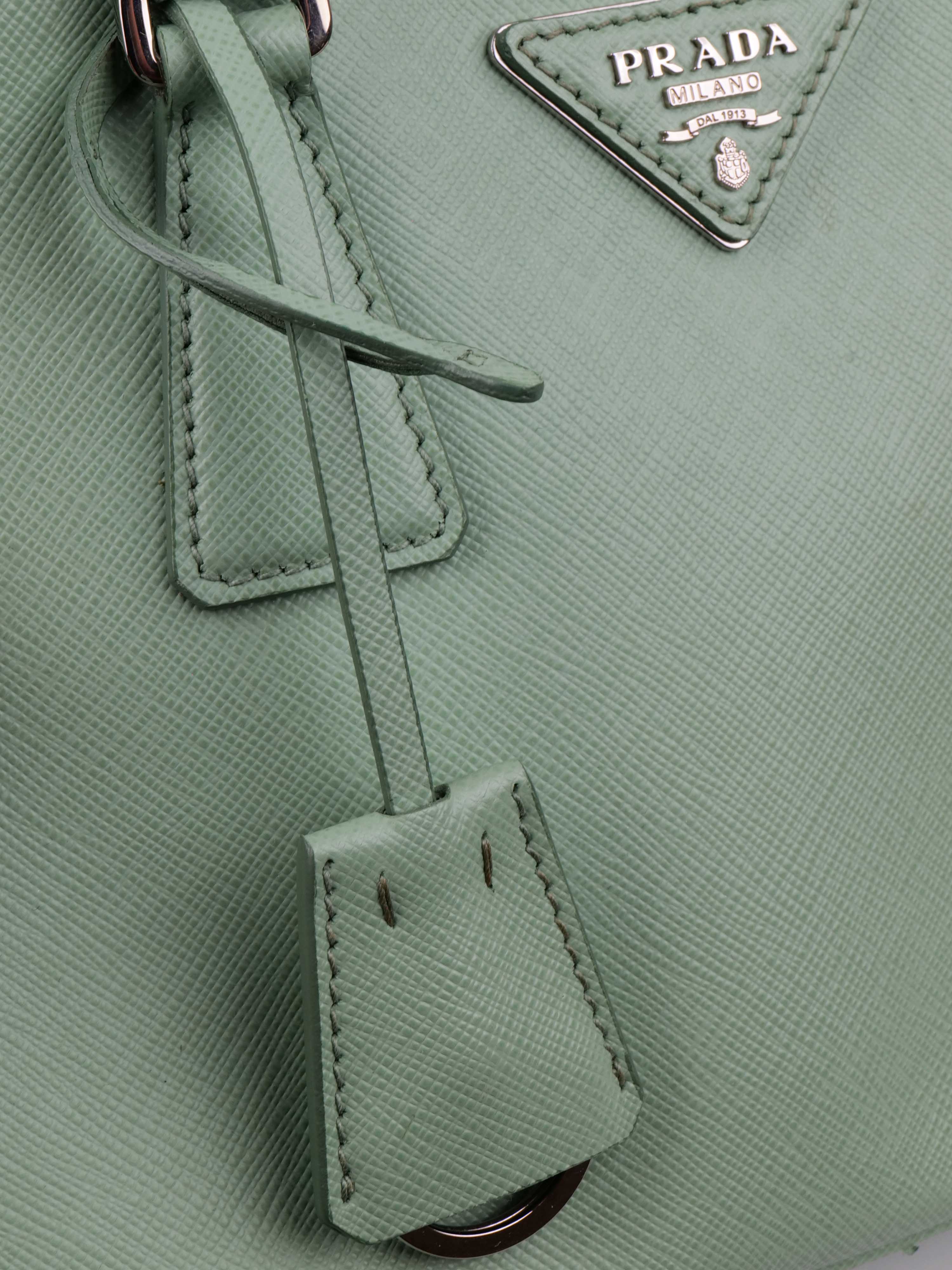 Prada Mint Green Saffiano Leather Double Zipper Small Tote Bag for Women | Luxury Designer Handbag for Work, Travel & Everyday Use