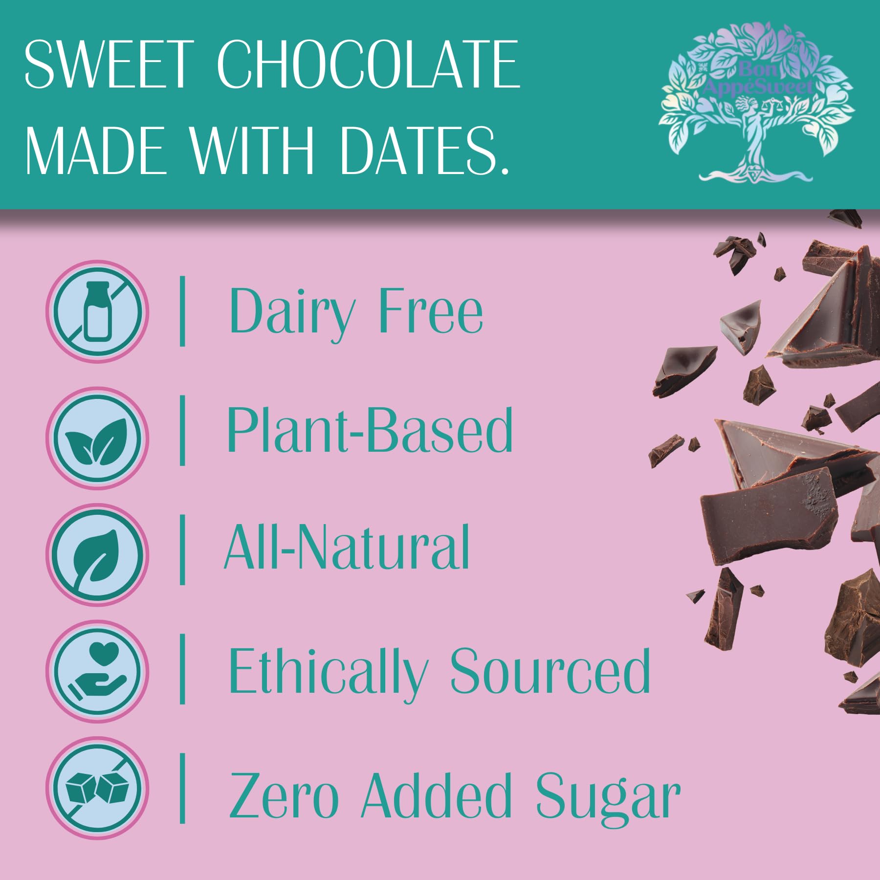 Bon Appesweet Date Sweetened Dark Chocolate Bar - 85% Cacao, Organic, Sugar Free, Vegan, Dairy Free (Pack of 5, 2.2oz) | Healthy Snack for Keto Diet, Weight Loss & Guilt-Free Dessert | Perfect for Gifts, Office Treats & After-Dinner Indulgence