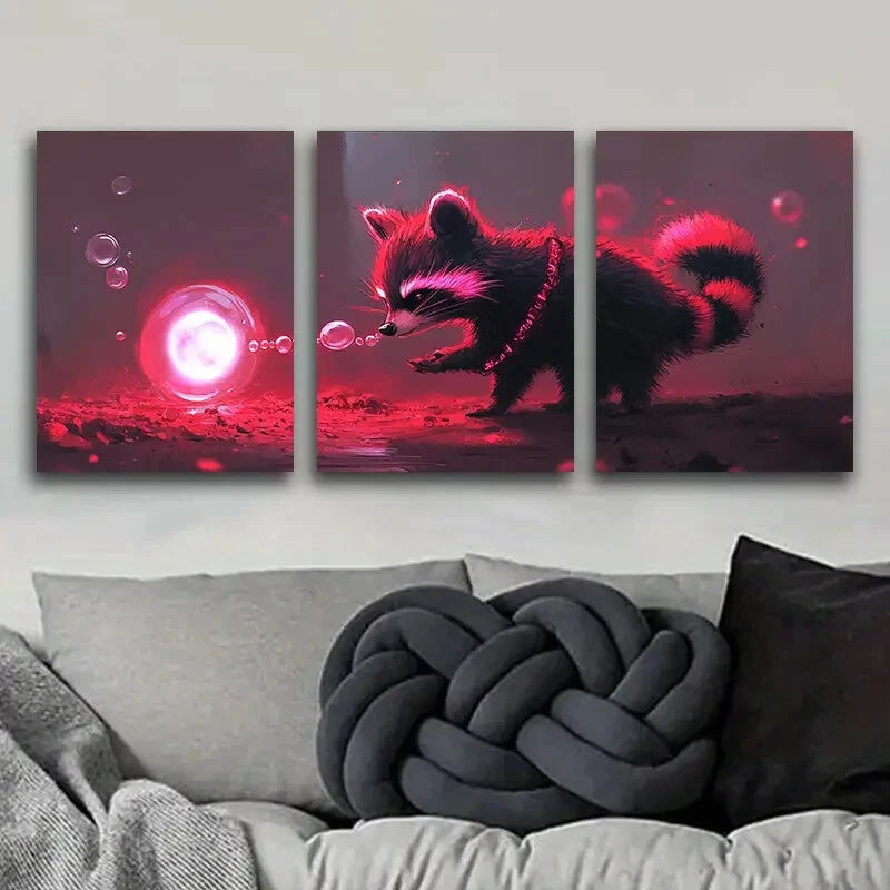3pcs Magical Raccoon Art Painting - Metal Print Wall Decor Ready to Hang - Perfect for Living Room, Bedroom & Office Decor