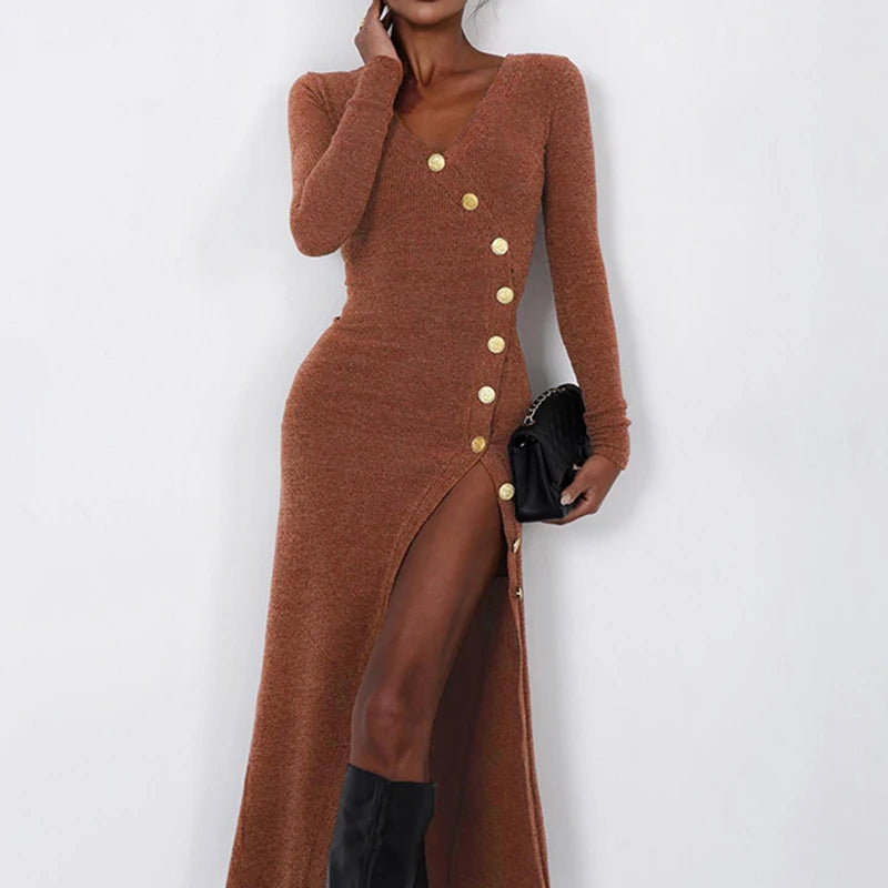 Elegant Asymmetrical Brown Knitted Long Dress for Women - Sexy Split Design with Buttons, Slim Fit Casual Autumn Dress 2024 | Perfect for Clubwear, Date Nights & Fall Fashion