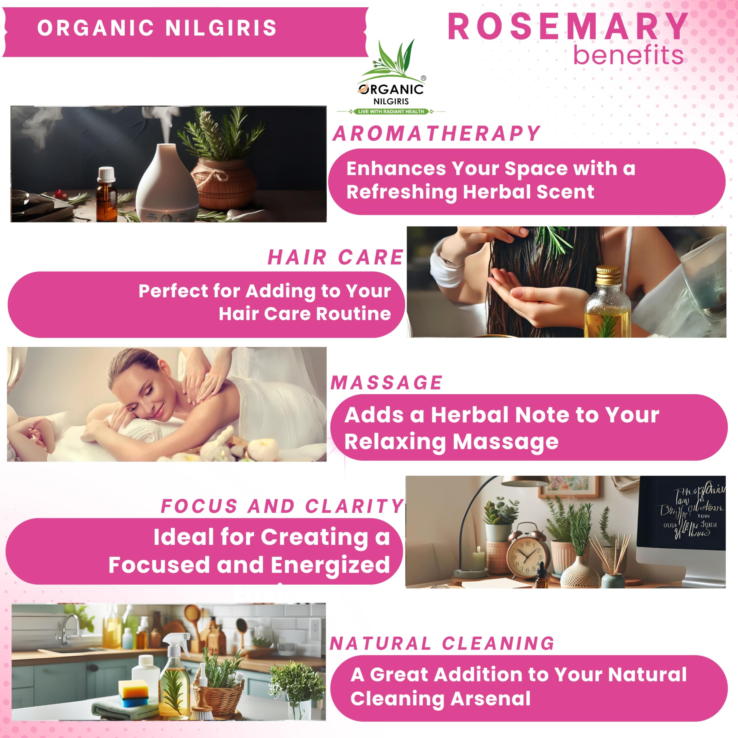 Organic Nilgiris Rosemary Essential Oil for Hair & Skin Care - 100% Pure, Cold Pressed, Natural Hair Growth & Nourishment - Promotes Healthy Scalp & Glowing Skin - Perfect for Aromatherapy, Massage & DIY Beauty Products