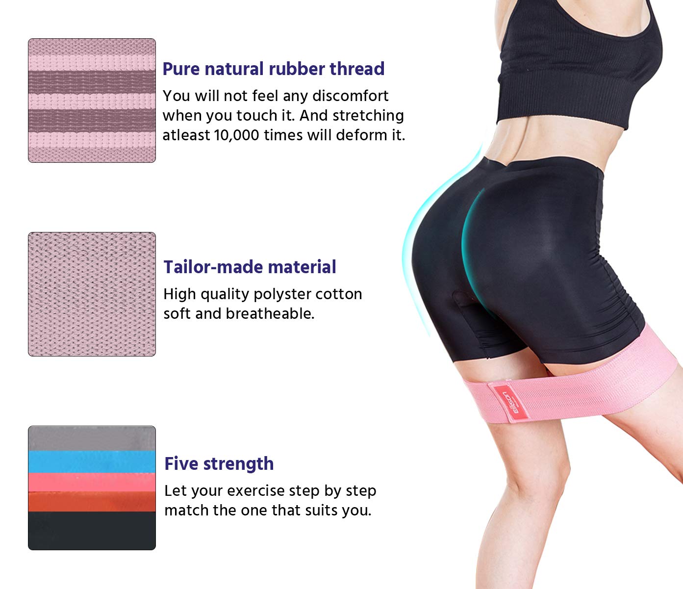 EILISON GLAMFIT Booty Resistance Bands for Women - Set of 5 Exercise Bands for Legs, Butt, Hip, Thigh & Glute Workouts - Cotton Elastic Strength Squat Bands (5 Levels: S-XXL) - Perfect for Home Gym, Yoga, Pilates & Fitness Training