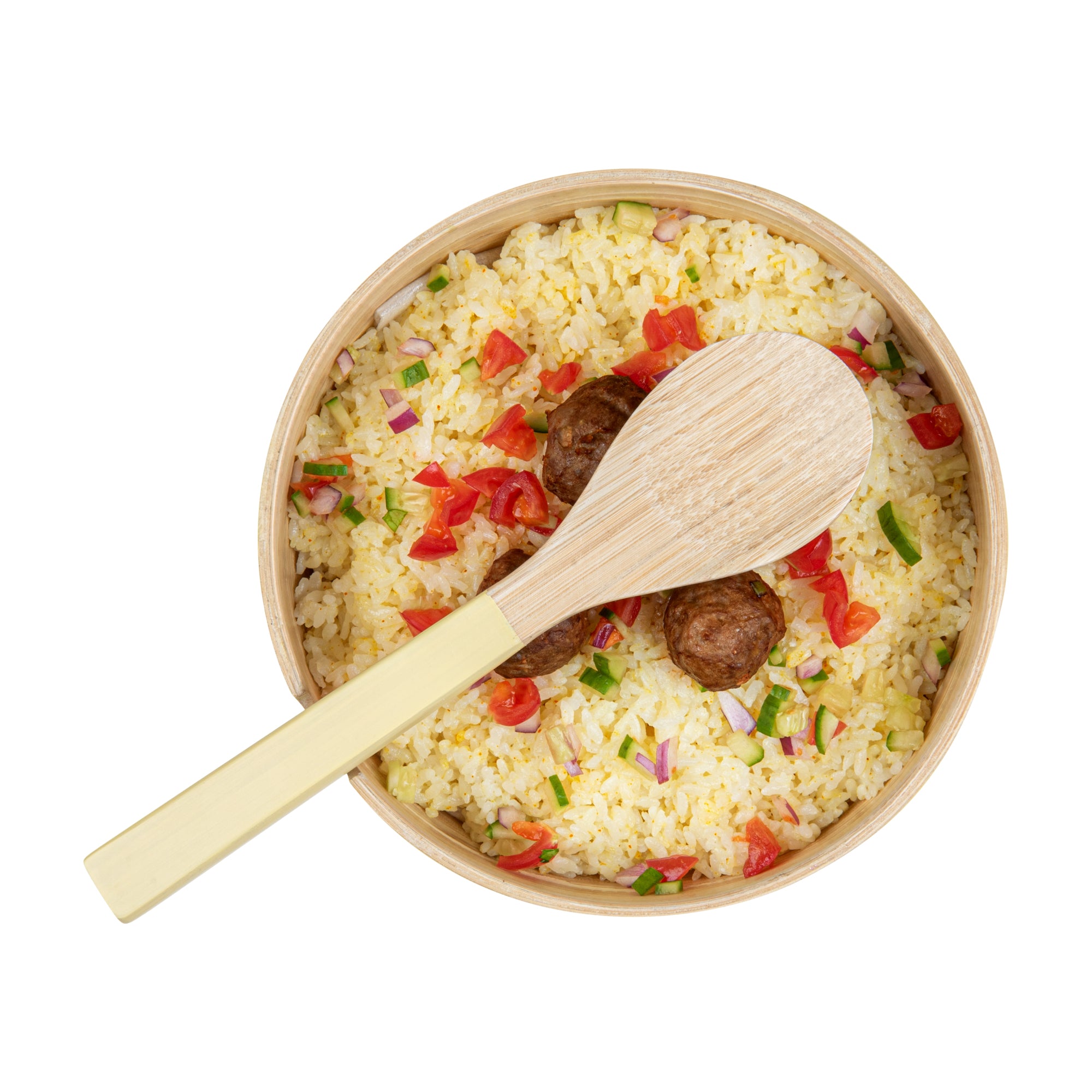 Bambuddha 25 oz Round Cream Spun Bamboo Serving Bowl with Spoon - 7.75