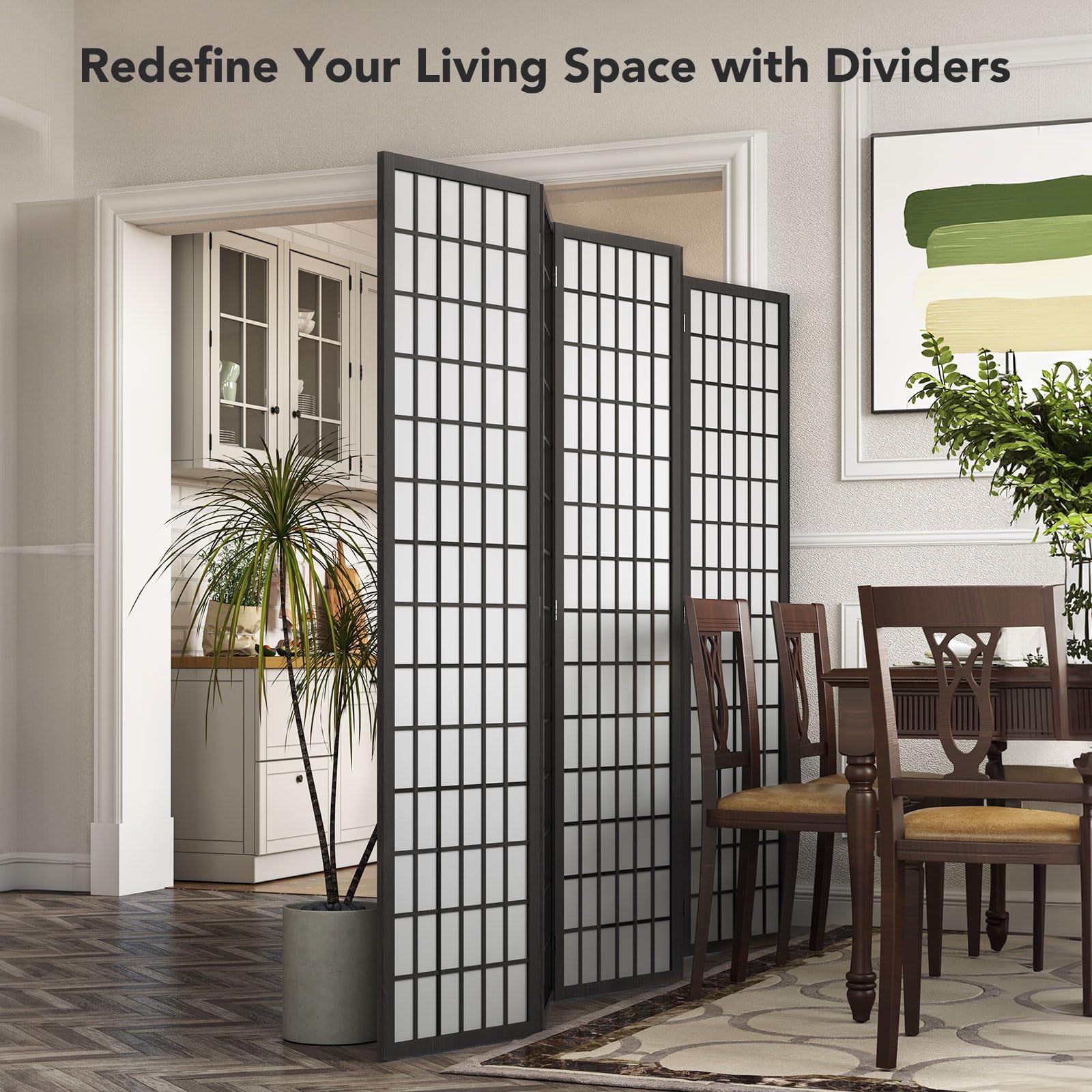 JOSTYLE 6-Panel Room Divider - 5.9 Ft Folding Privacy Screen for Home & Office - Japanese Shoji Style Partition Wall in Black - Perfect for Bedroom Separation, Living Room Privacy & Office Space Dividers