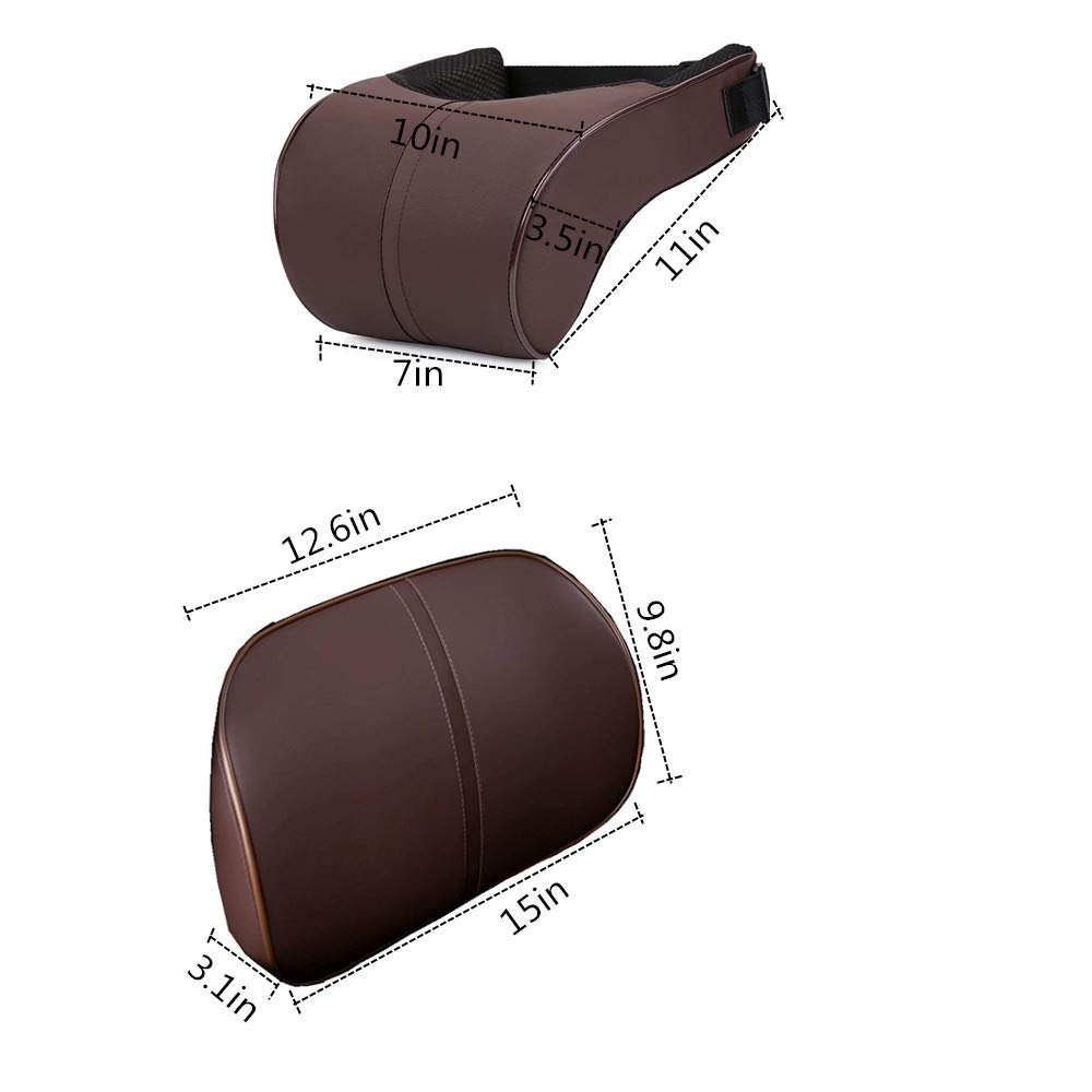 Ergonomic Car Seat Lumbar Support Pillow & Neck Pillow Set - Soft Leather Surface with High-Density Memory Foam for Comfort & Pain Relief - Perfect for Long Drives, Road Trips & Commuting (Brown)