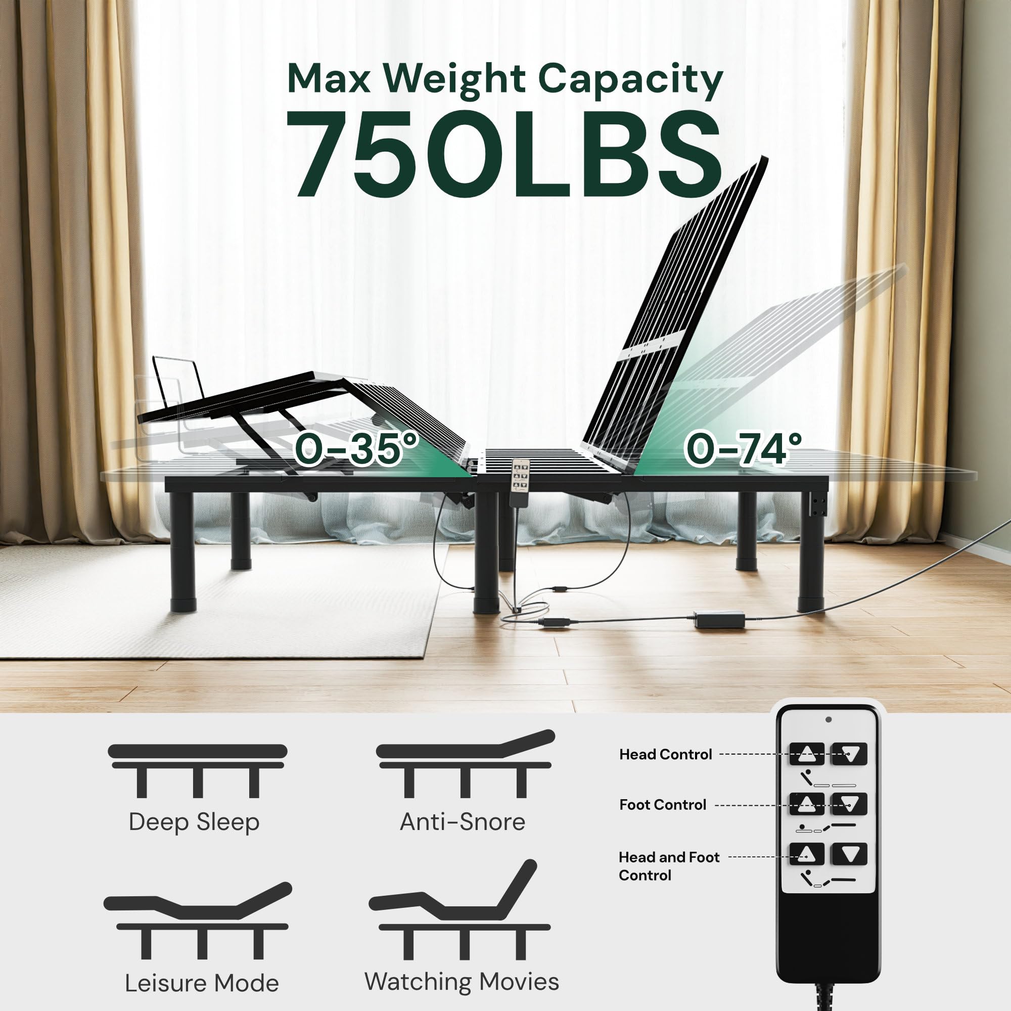 SunsGrove Queen Adjustable Bed Frame with Wired Remote - Electric Base with Independent Head & Foot Incline, 2 Height Options - Easy Assembly for Home, Bedroom, and Healthcare Use