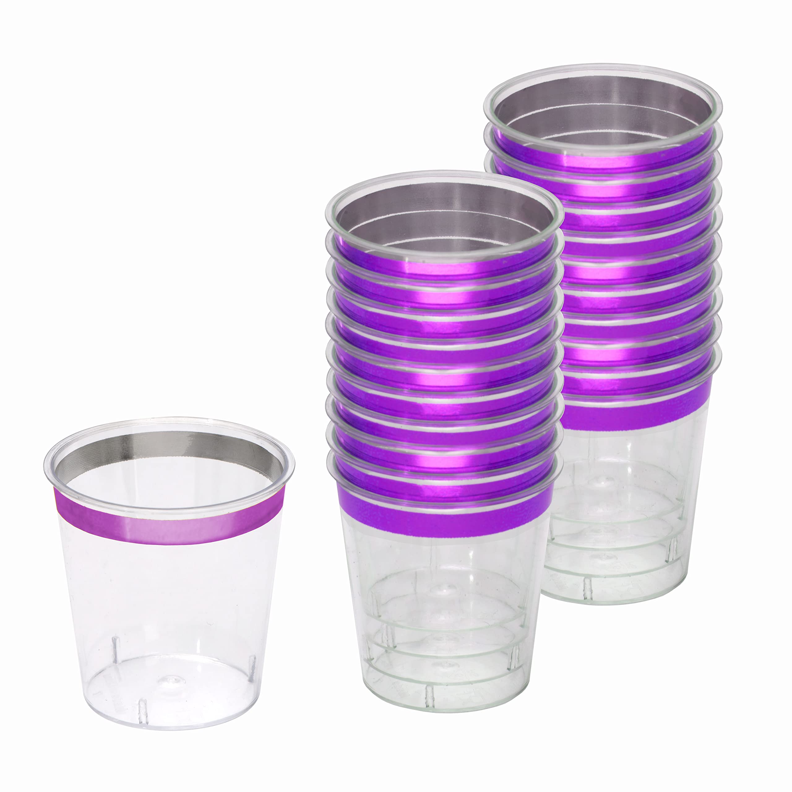 Zappy 124 Mini Plastic Shot Glasses - 1 oz Clear Disposable Party Cups with Purple Metallic Rim - Perfect for Shooter Drinks, Wine Tasting, and Cocktail Sampling - Ideal for Bars, Parties, and Events