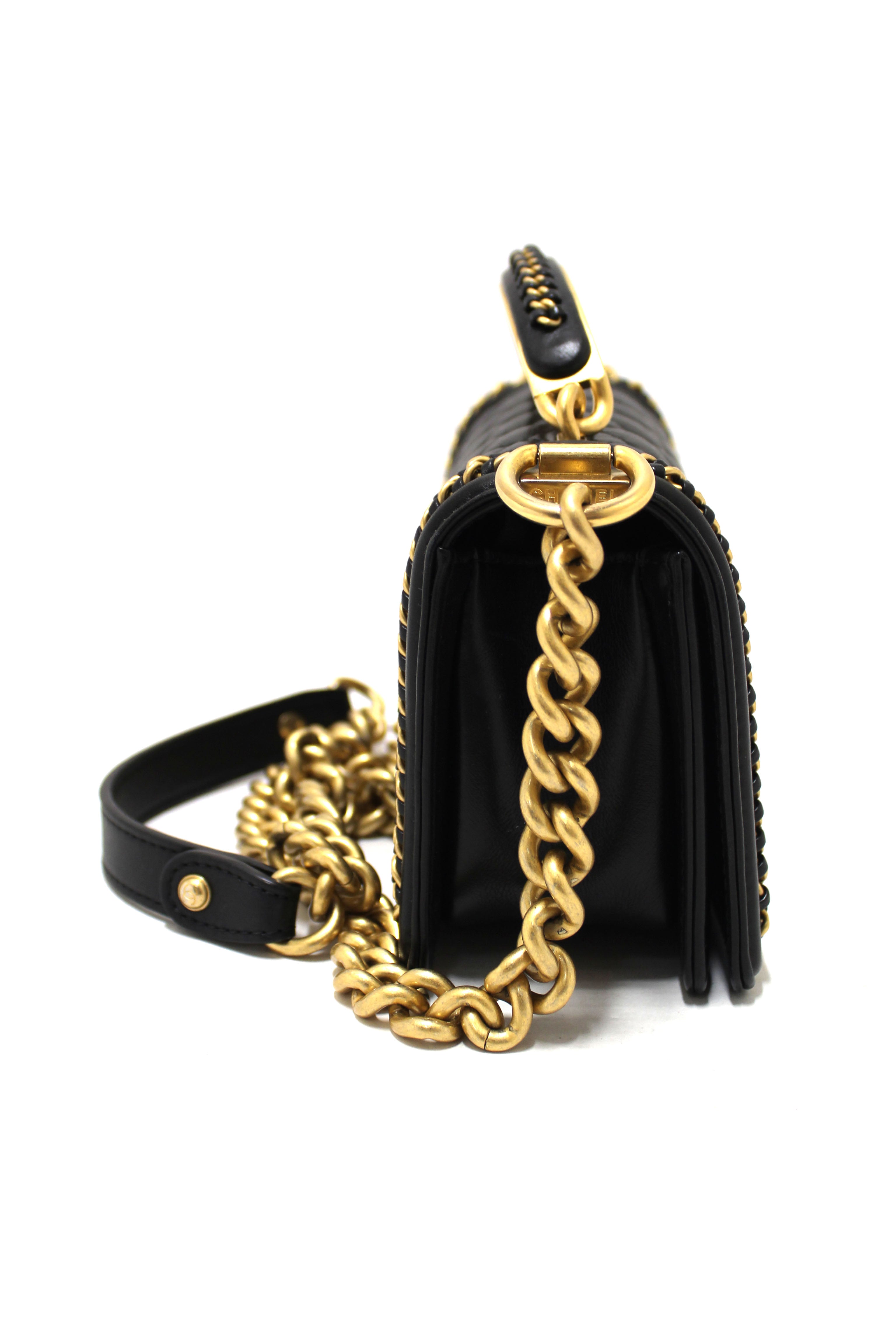 Authentic Chanel Black Calfskin Leather Boy Chanel Flap Bag with Handle - Luxury Designer Crossbody Shoulder Bag for Women, Perfect for Date Night, Parties & Special Occasions
