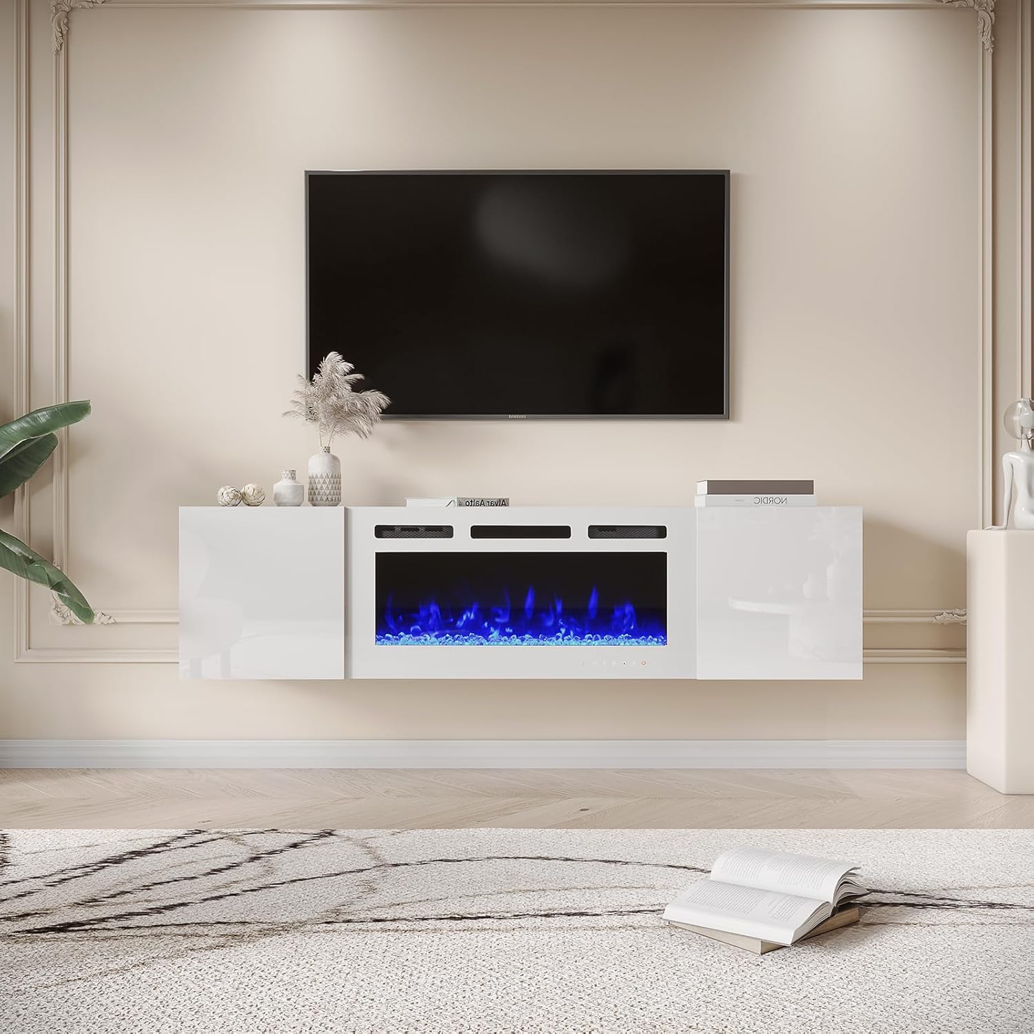 70 Inch Floating TV Stand with Fireplace - Modern White Entertainment Center for Living Room, Bedroom & Home Theater | EROMMY