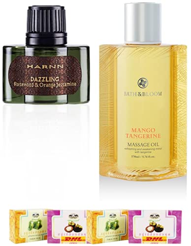 Harnn Dazzling Rosewood & Orange Jessamine Bath & Bloom Set - Mango Tangerine Massage Oil Gift Set with Free Tomato Facial Mask | Aromatherapy, Spa, Relaxation at Home | Fast DHL Express Shipping by Thaigiftshop