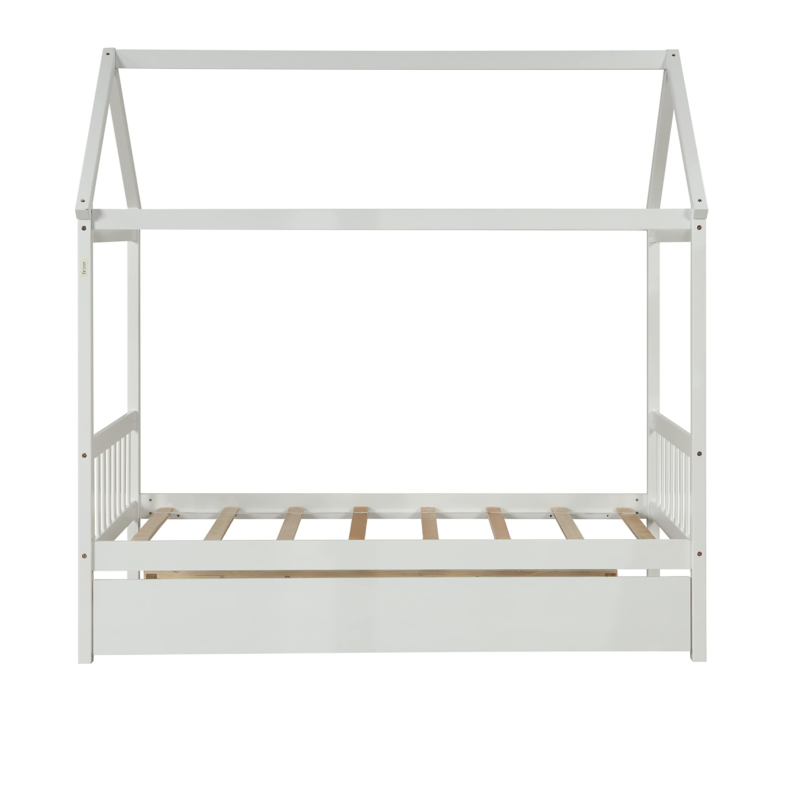 Merax Twin Size Wooden House Bed with Trundle - White Kids Bed Frame with Roof, Headboard & Footboard for Girls and Boys | Perfect for Bedroom Decor & Playtime