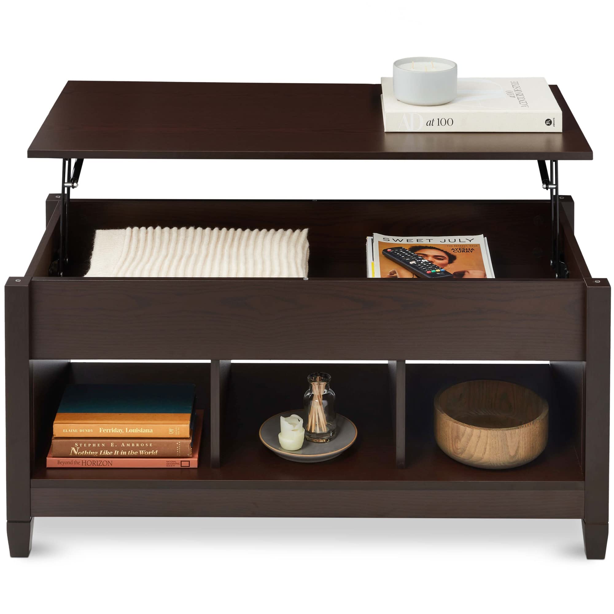 Best Lift Top Coffee Table with Hidden Storage - Espresso Wooden Dining Table for Living Room & Display Shelves