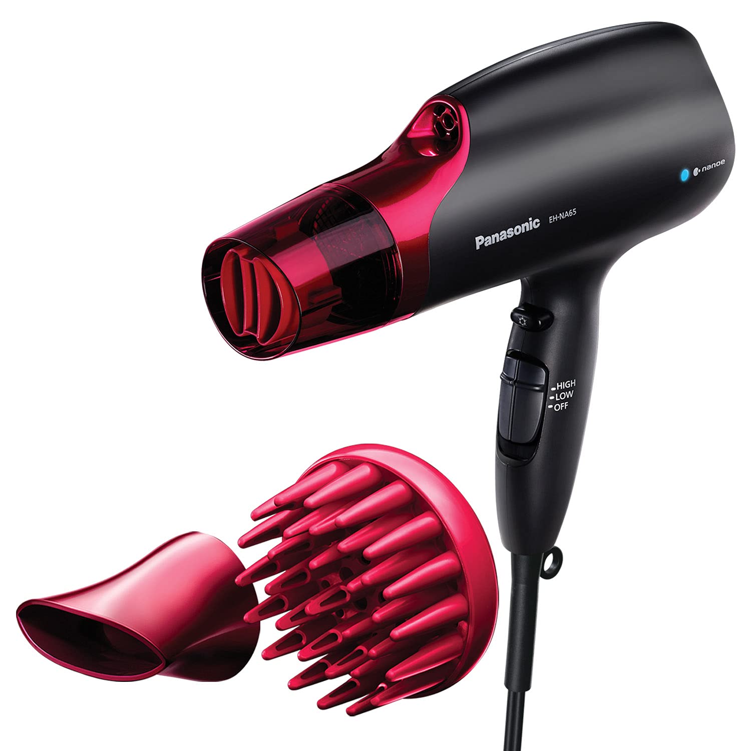 Panasonic EH-NA65-K Nanoe Hair Dryer 1875W - Professional Blow Dryer for Smooth & Shiny Hair with 3 Attachments (Quick Dry Nozzle, Diffuser, Concentrator) - Fast Drying for Home, Salon & Travel Use - Black/Pink