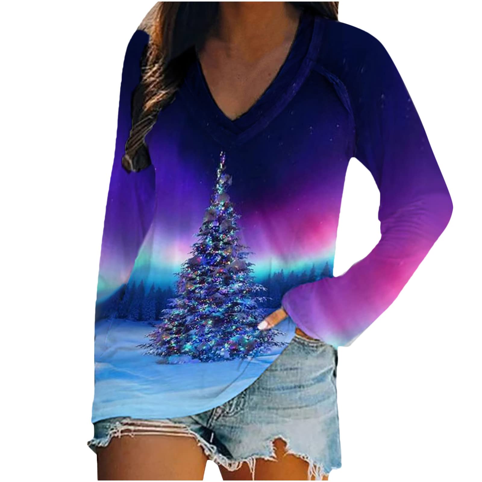 SHOPESSA Women's Christmas Long Sleeve V-Neck Graphic Tee - Santa & Tree Holiday Pullover Sweatshirt for Casual Wear, Xmas Party & Family Gatherings