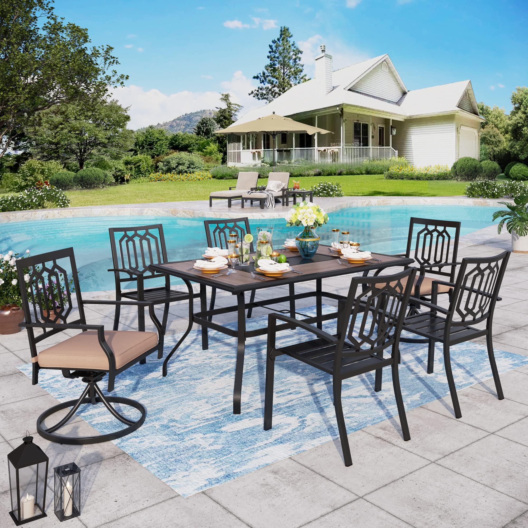 Sophia & William 7-Piece Outdoor Patio Dining Set - 6-Seater with 4 Metal Chairs, 2 Swivel Chairs & 61