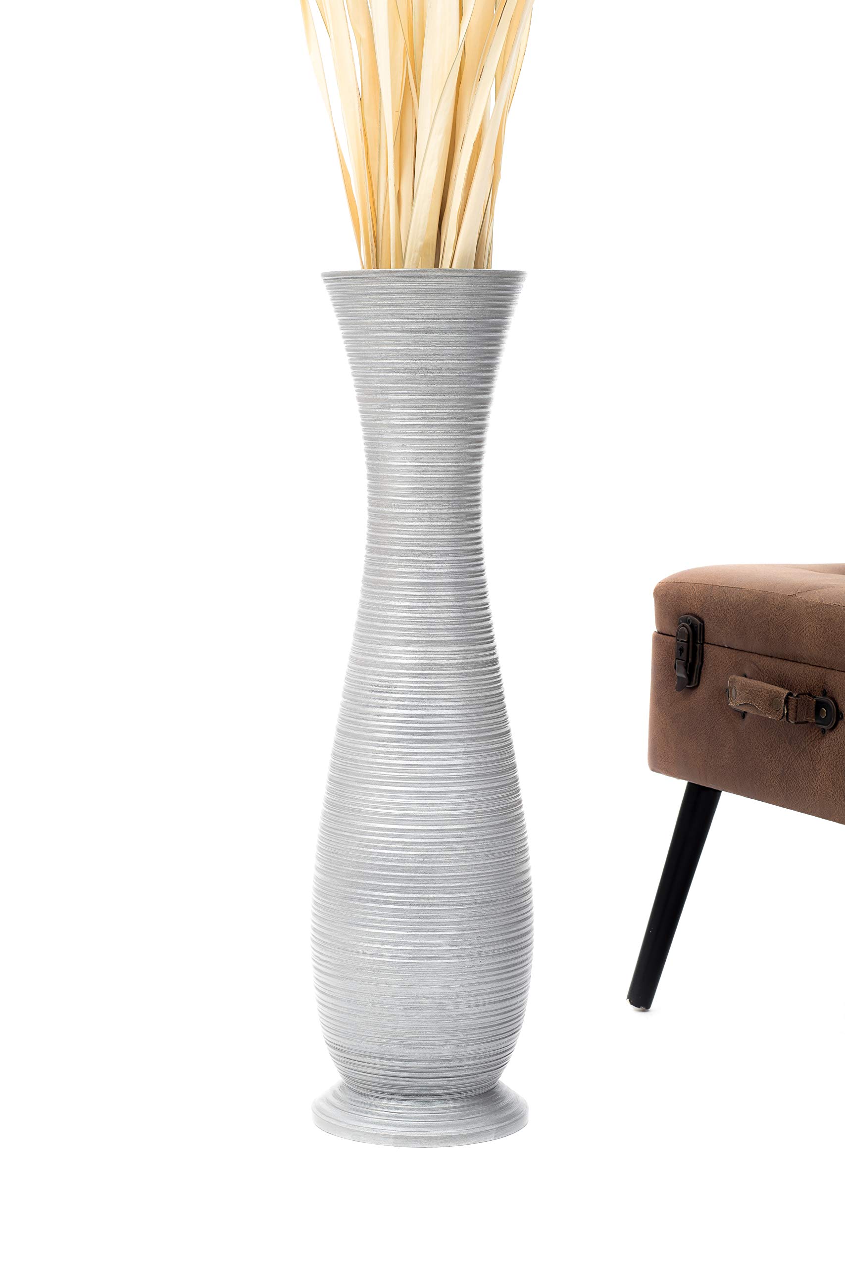Leewadee 28 Inch Large Silver Floor Vase - Farmhouse Decor Wooden Flower Vase for Fake Plants, Pampas Grass & Home Decor | Perfect for Living Room, Bedroom & Entryway Decor