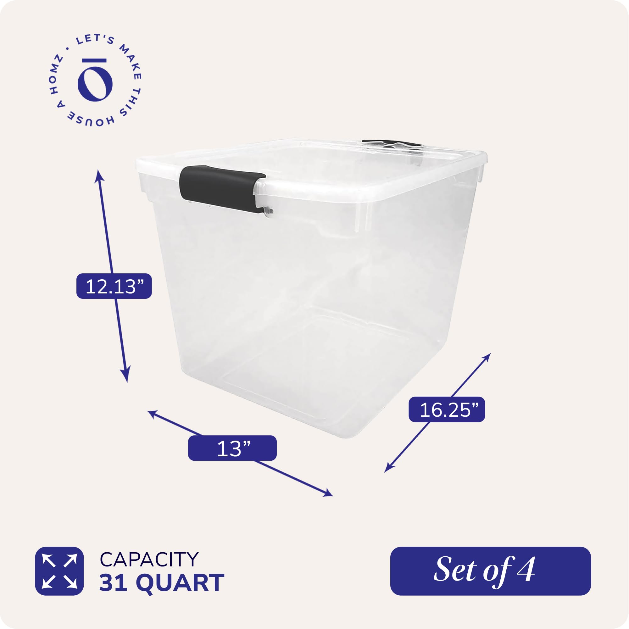 HOMZ 8-Pack Clear Plastic Storage Bins with Secure Latches, 31 Quart Organizer Containers - Perfect for Pantry, Closet, Garage & Toy Organization (Gray Latches)