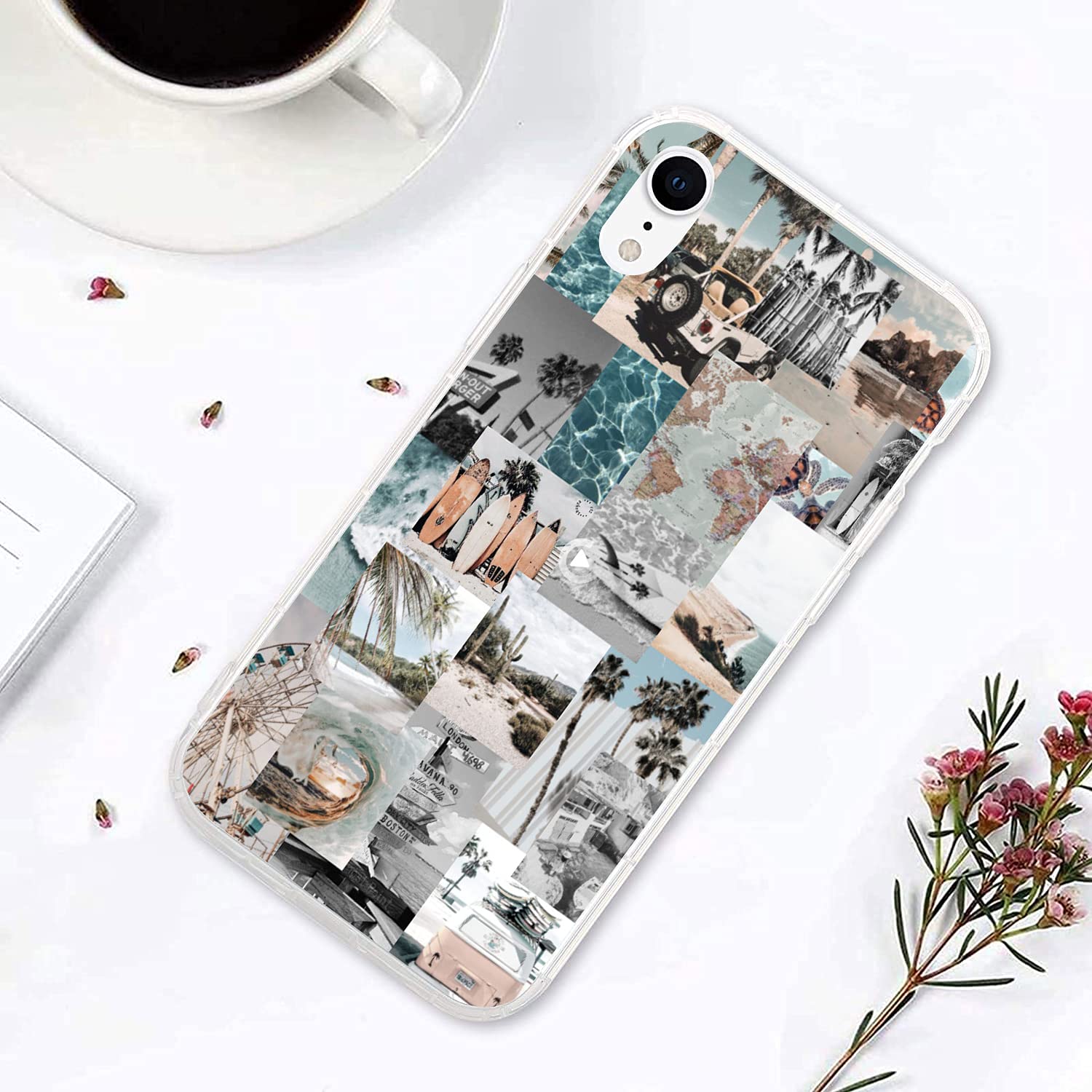 Vintage Blue Aesthetic Collage Phone Case for iPhone XR - Clear Shockproof Protective Cover with Beach Sunset Summer Surfing Design | Perfect for Women, Girls, Vacation & Everyday Use