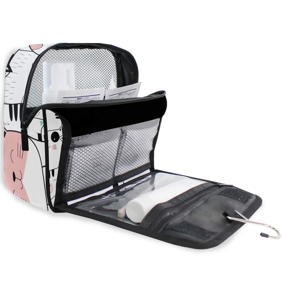 MOYYO Cute Cartoon Cat Travel Hanging Toiletry Bag - Waterproof Cosmetic Makeup Organizer Pouch for Women & Men - Perfect for Shower, Gym, Camping & Vacation Trips