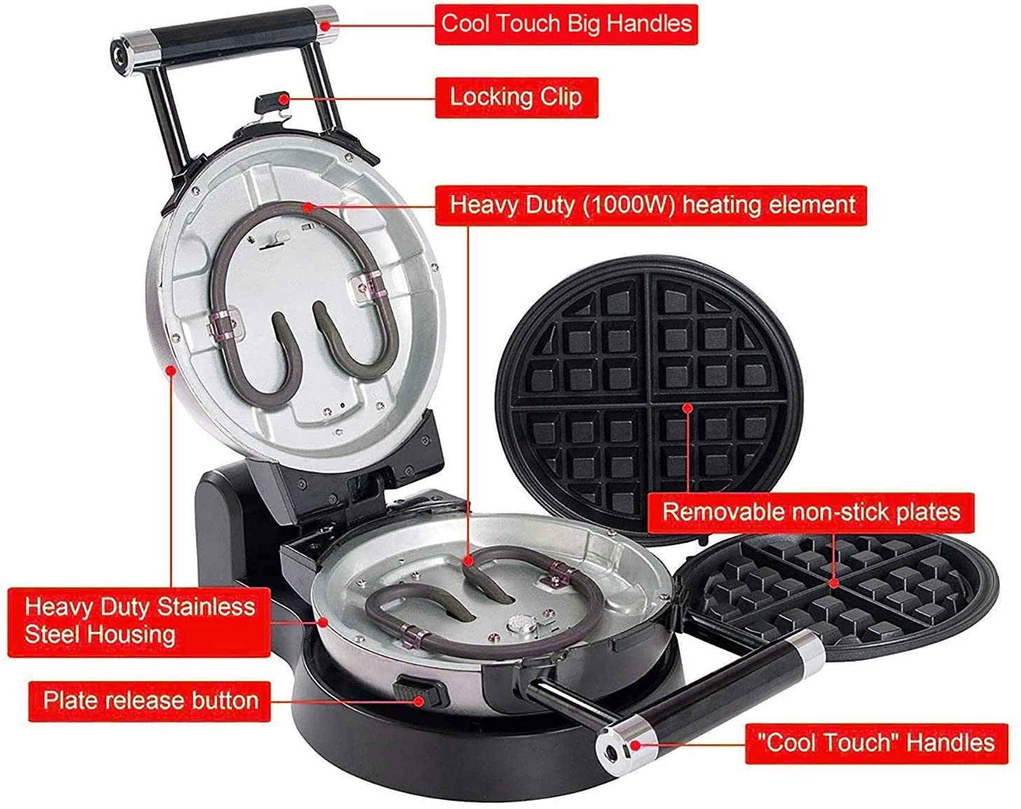 3-in-1 Waffle Maker with Removable Nonstick Plates - Belgian, Omelet & Egg Waffle Maker, 360° Rotating Design for Perfect Breakfast, Brunch & Desserts - Ideal for Home, Office & Camping Use
