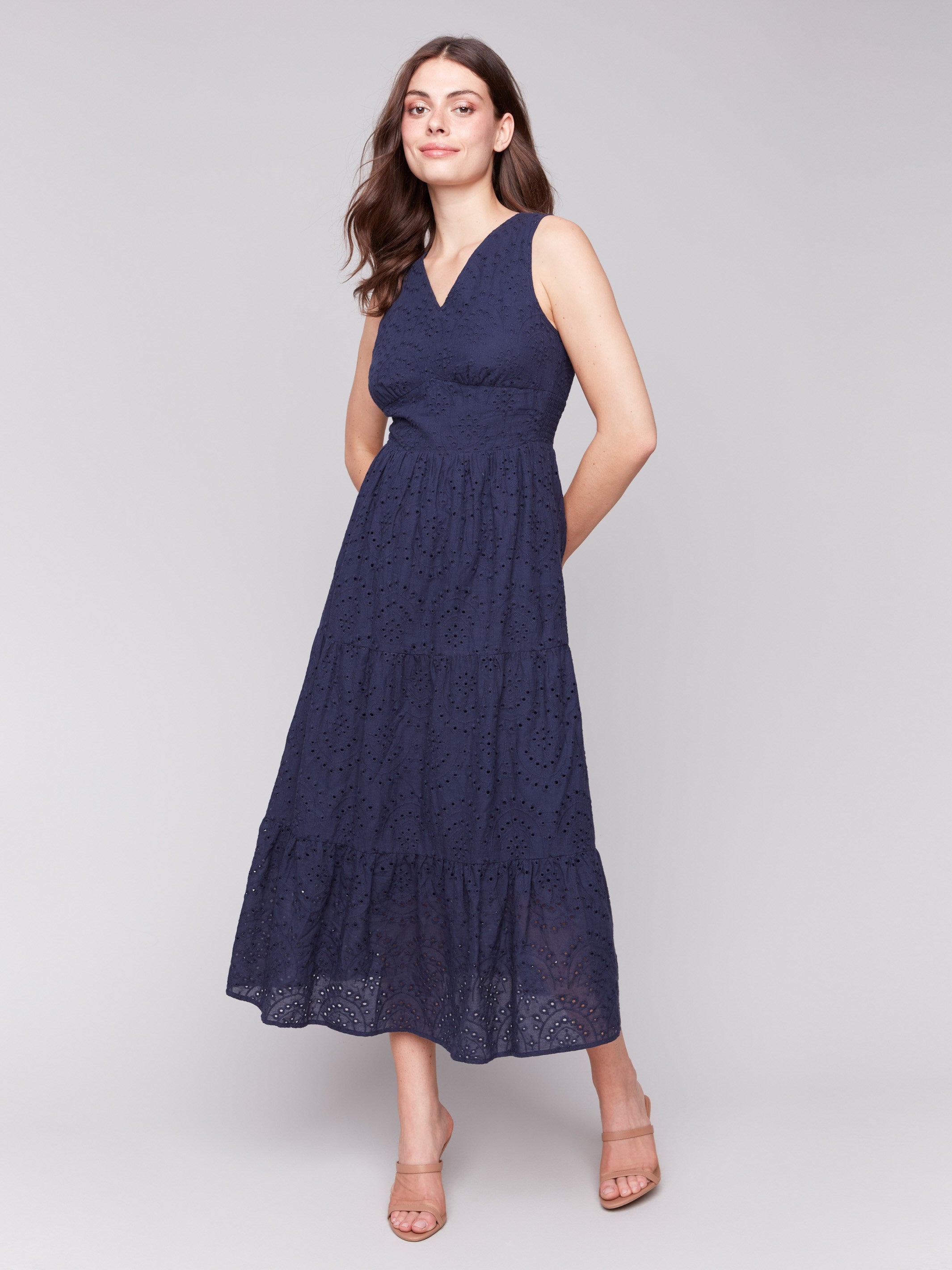 Women's Navy Blue Sleeveless Cotton Eyelet Summer Dress - Perfect for Beach Vacations, Garden Parties & Casual Outings