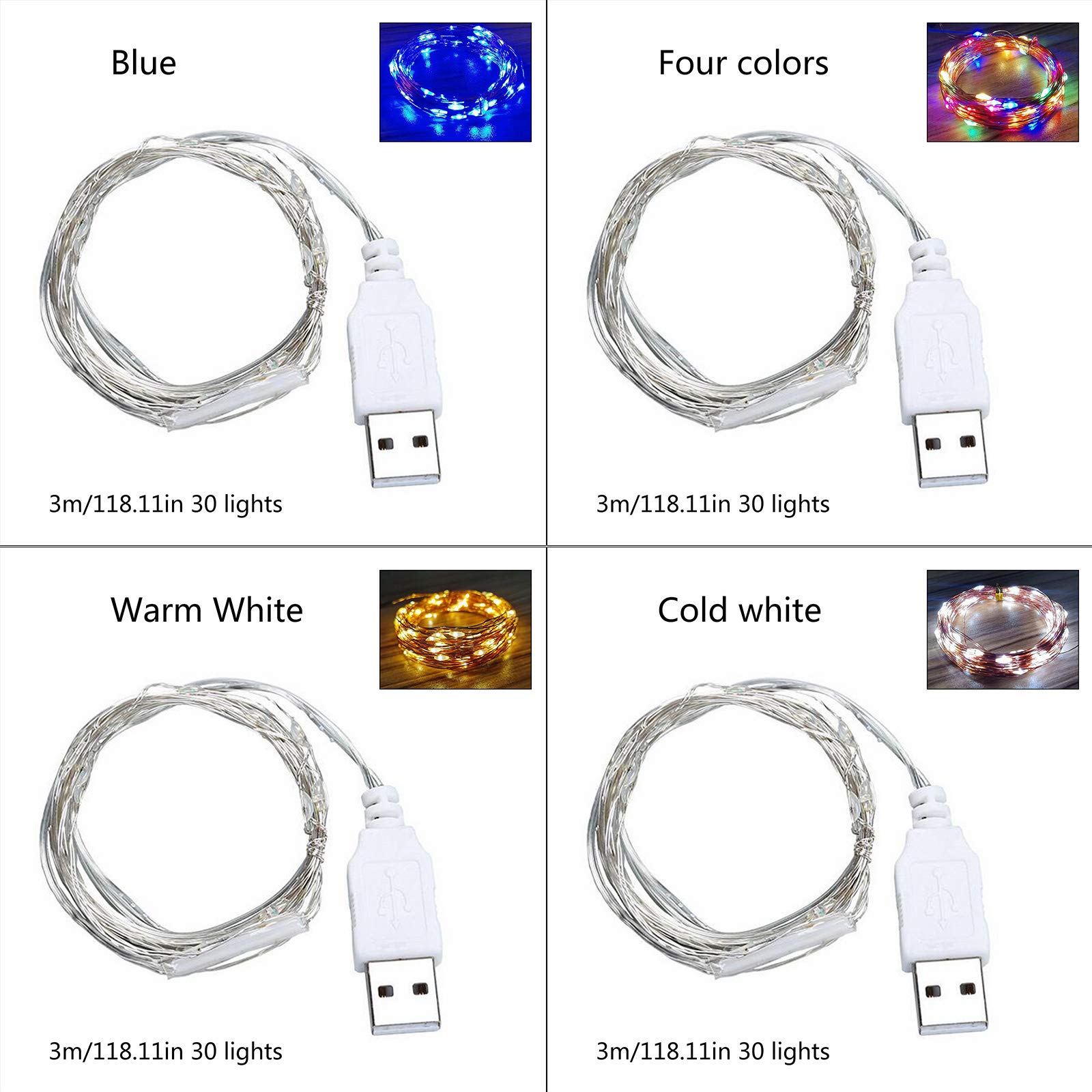 30 LED 9ft USB Fairy String Lights - Silver Wire Christmas Wedding Party Decorations for Indoor Outdoor Home Garden Bedroom Patio Decor