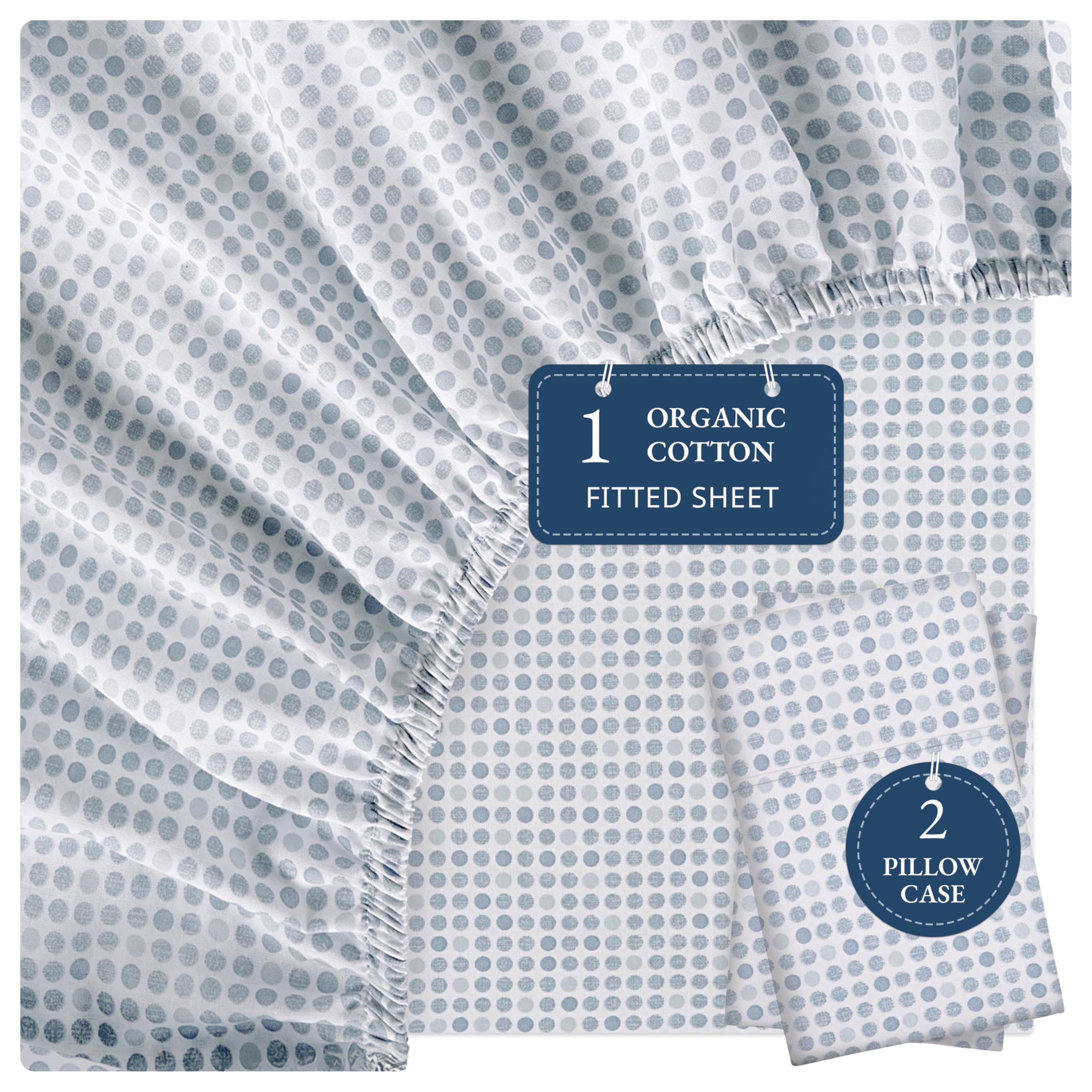 Organic Cotton Full Size Fitted Sheet Set - 100% Percale Weave, 3 Piece (1 Fitted Sheet + 2 Pillowcases), Breathable Deep Pocket for Mattress Up to 15