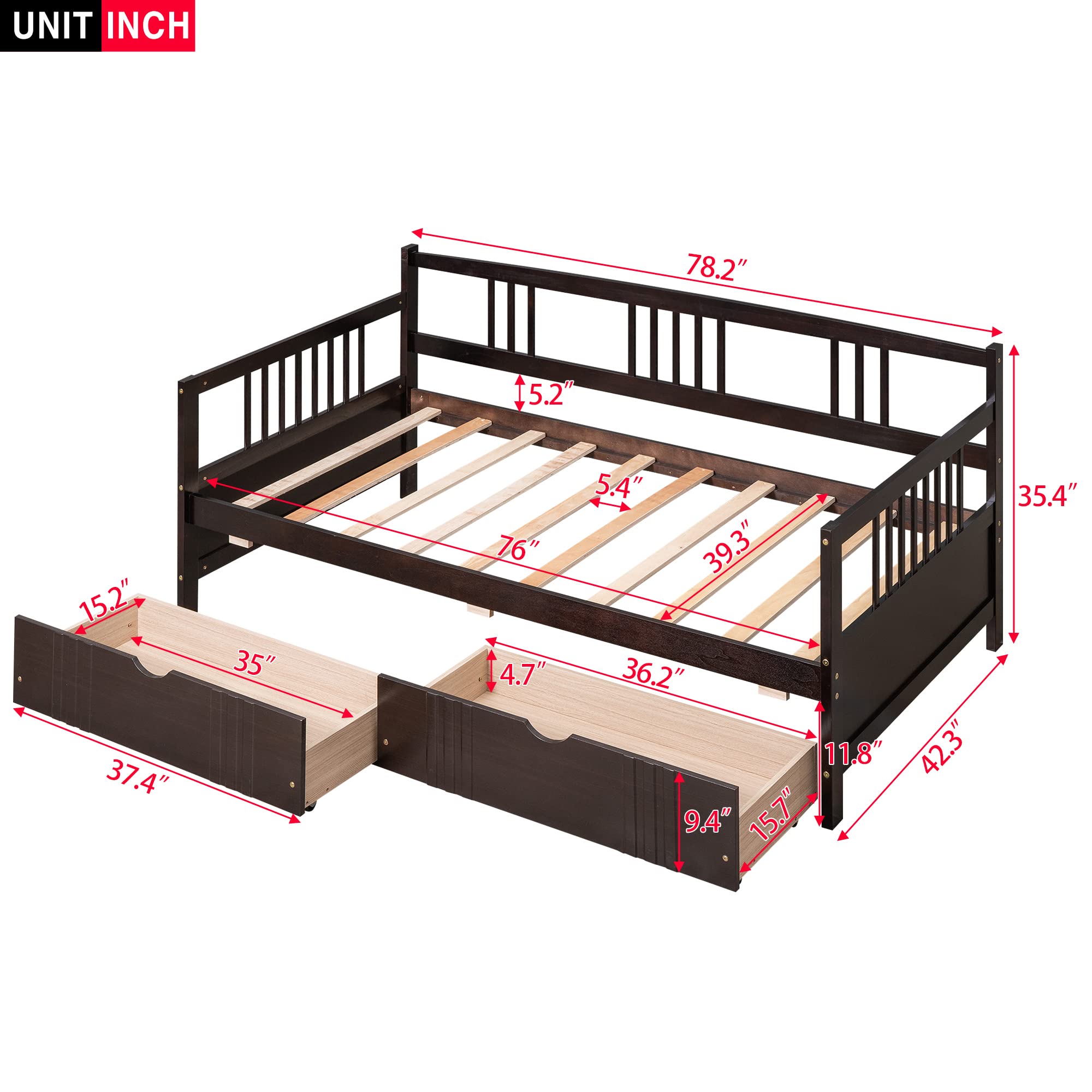 MERITLINE Twin Size Wood Daybed with Storage Drawers - Convertible Sofa Bed for Teens & Adults - Espresso Finish - Perfect for Small Bedrooms, Guest Rooms & Dorm Rooms